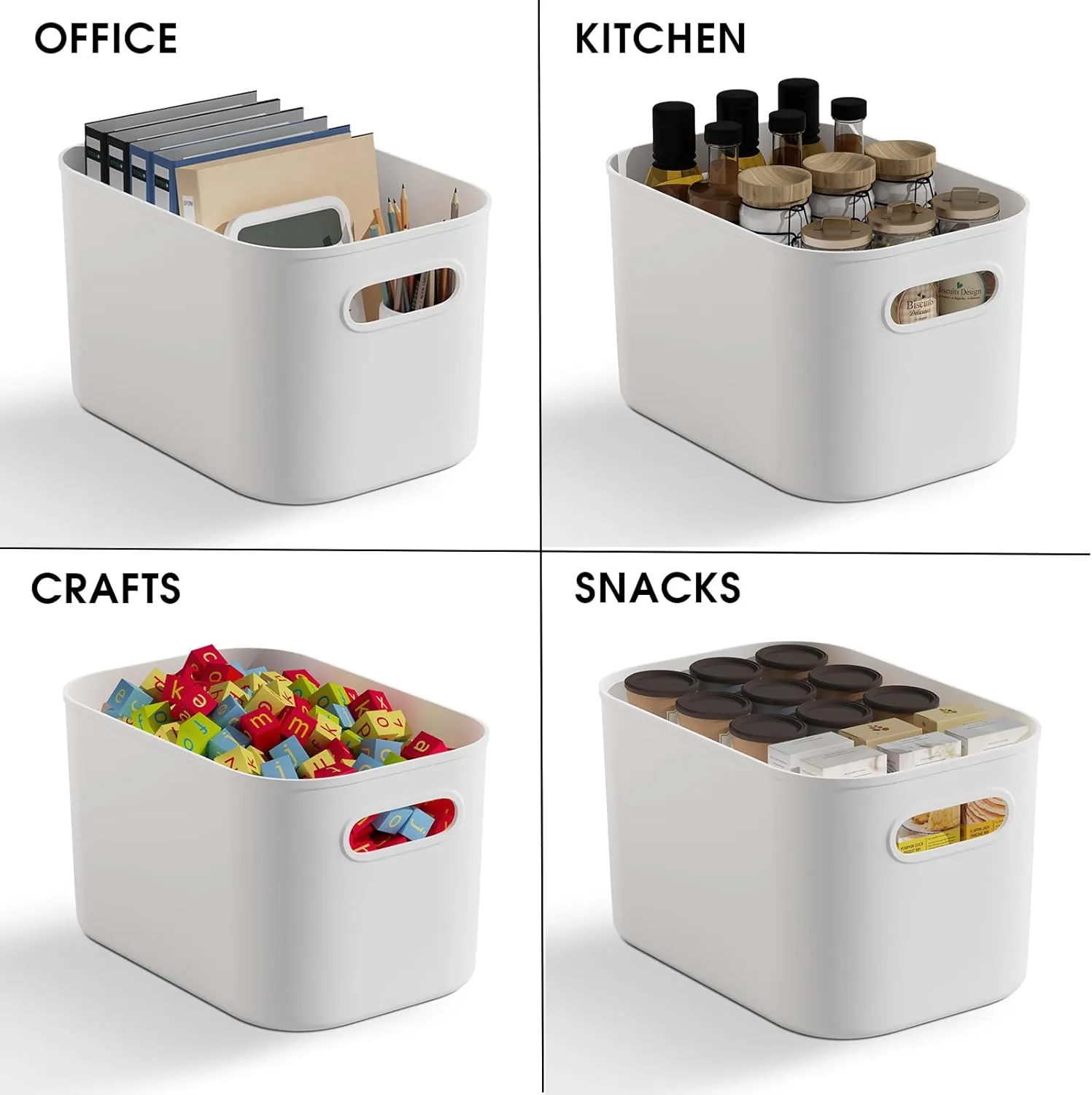 10 Pack White Plastic Storage Bins, Storage Container for Organizing, Storage Boxes with Handle for Shelves, Cute Organizer Bins for Craft, Snacks, Pantry, Cabinet, 9.69x6.7x5.7 inch