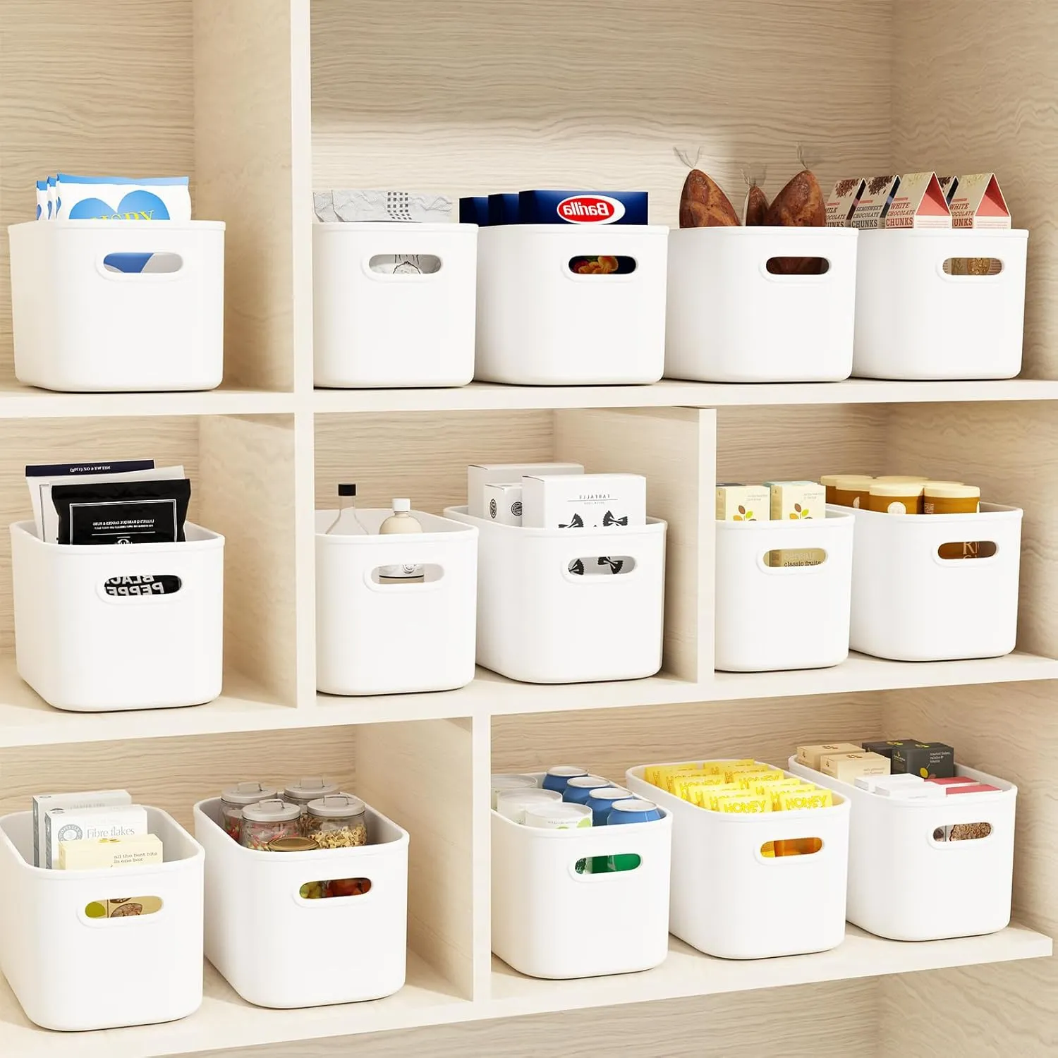 10 Pack White Plastic Storage Bins, Storage Container for Organizing, Storage Boxes with Handle for Shelves, Cute Organizer Bins for Craft, Snacks, Pantry, Cabinet, 9.69x6.7x5.7 inch