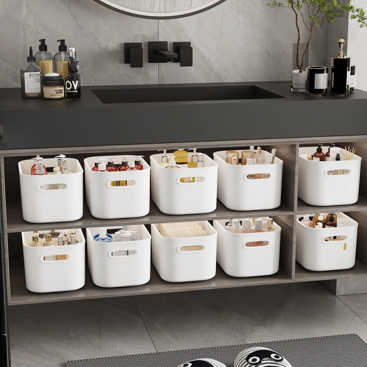 10 Pack White Plastic Storage Bins, Storage Container for Organizing, Storage Boxes with Handle for Shelves, Cute Organizer Bins for Craft, Snacks, Pantry, Cabinet, 9.69x6.7x5.7 inch
