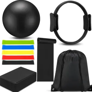 10 Pcs Pilates Yoga Equipment Accessories, Pilates Ring Circle Set Gift for Women Home Workouts Include Pilates Ball Circle Yoga Ring Resistance Bands Block Yoga Straps Gym Bag(Black)