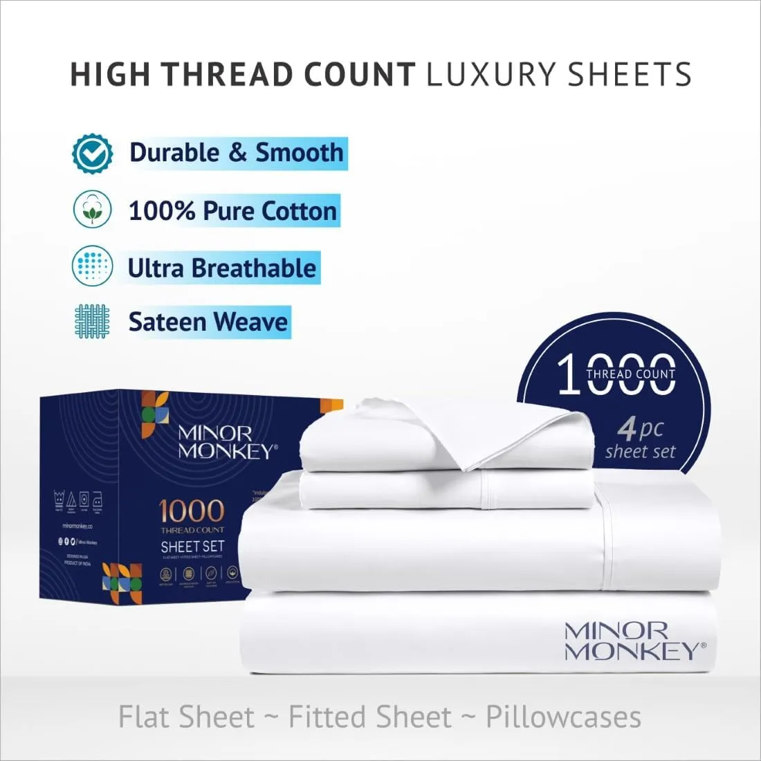 100% Egyptian Cotton Sheets Queen Size, 1000 Thread Count Luxury Breathable Sheet, 4Pc Queen Size Bed Sheet Set, Long Staple 16" Deep Pocket Sheets Set: White