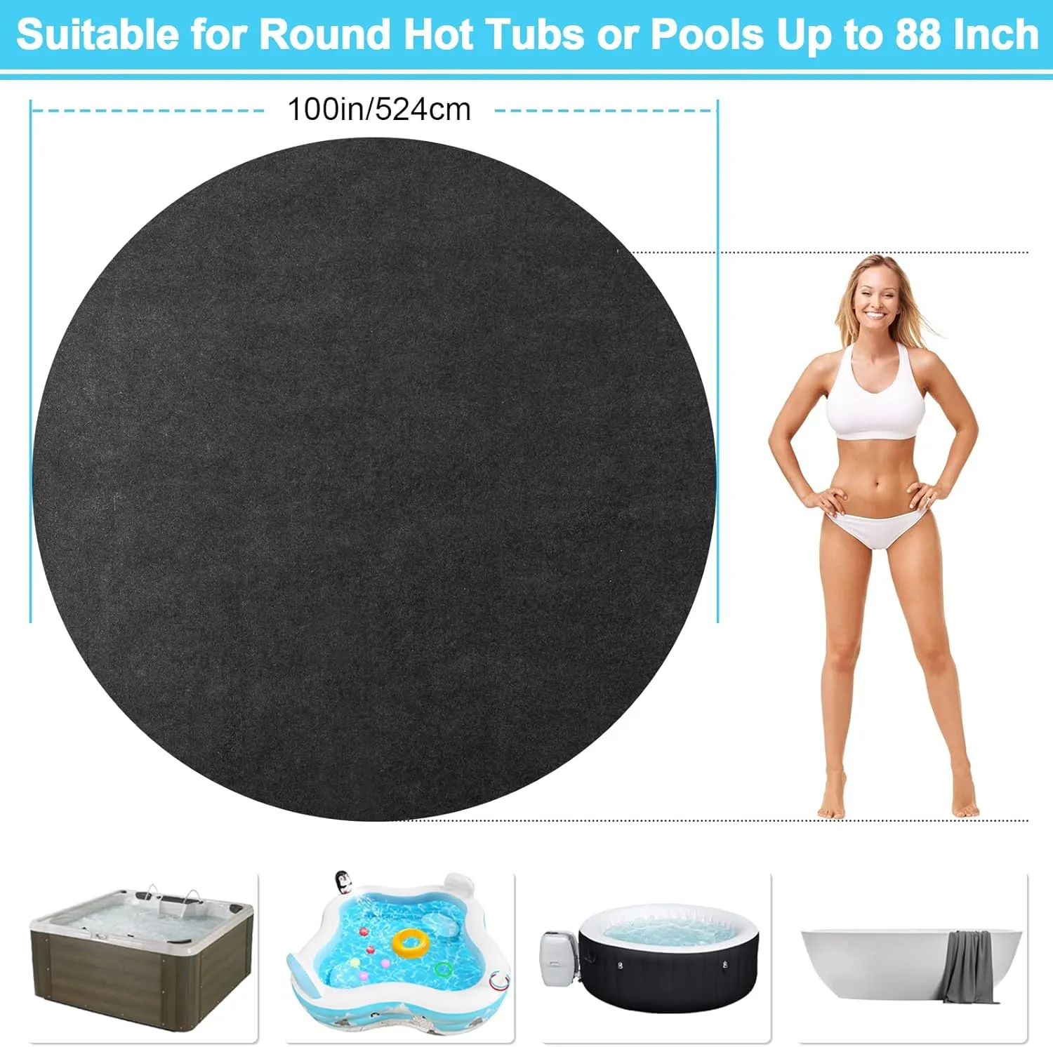 100 in Dia Round Hot Tub Mat, Inflatable Pad Outdoor Indoor, Water-Absorbent Anti-Slip Portable Spa Pool Accessories for Protect The Pool from Wear
