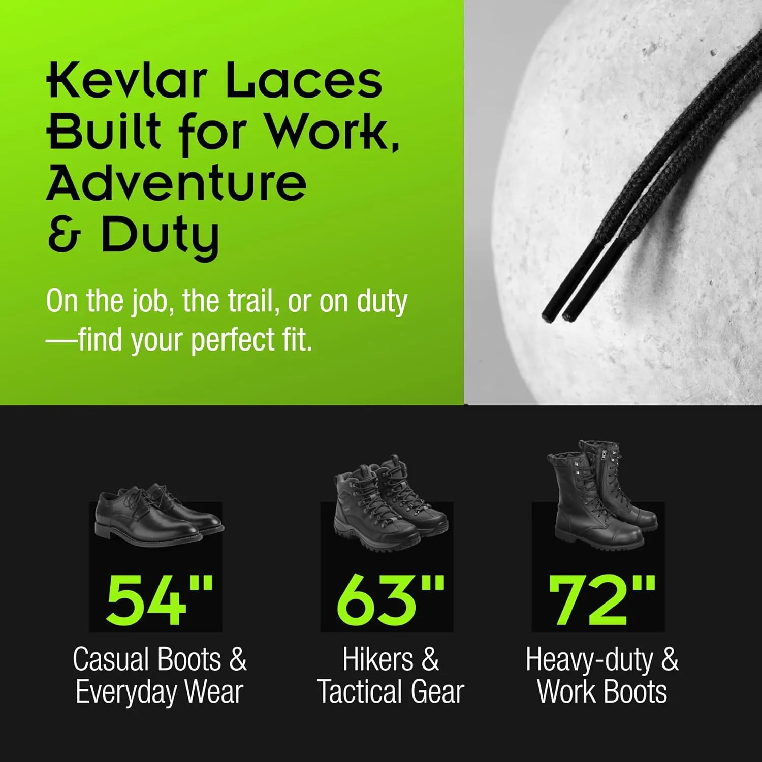 100% Kevlar Shoe Laces - Heavy Duty Boot Laces in 54", 63" and 72" - Flame and Chemical Resistant - Made in the USA!