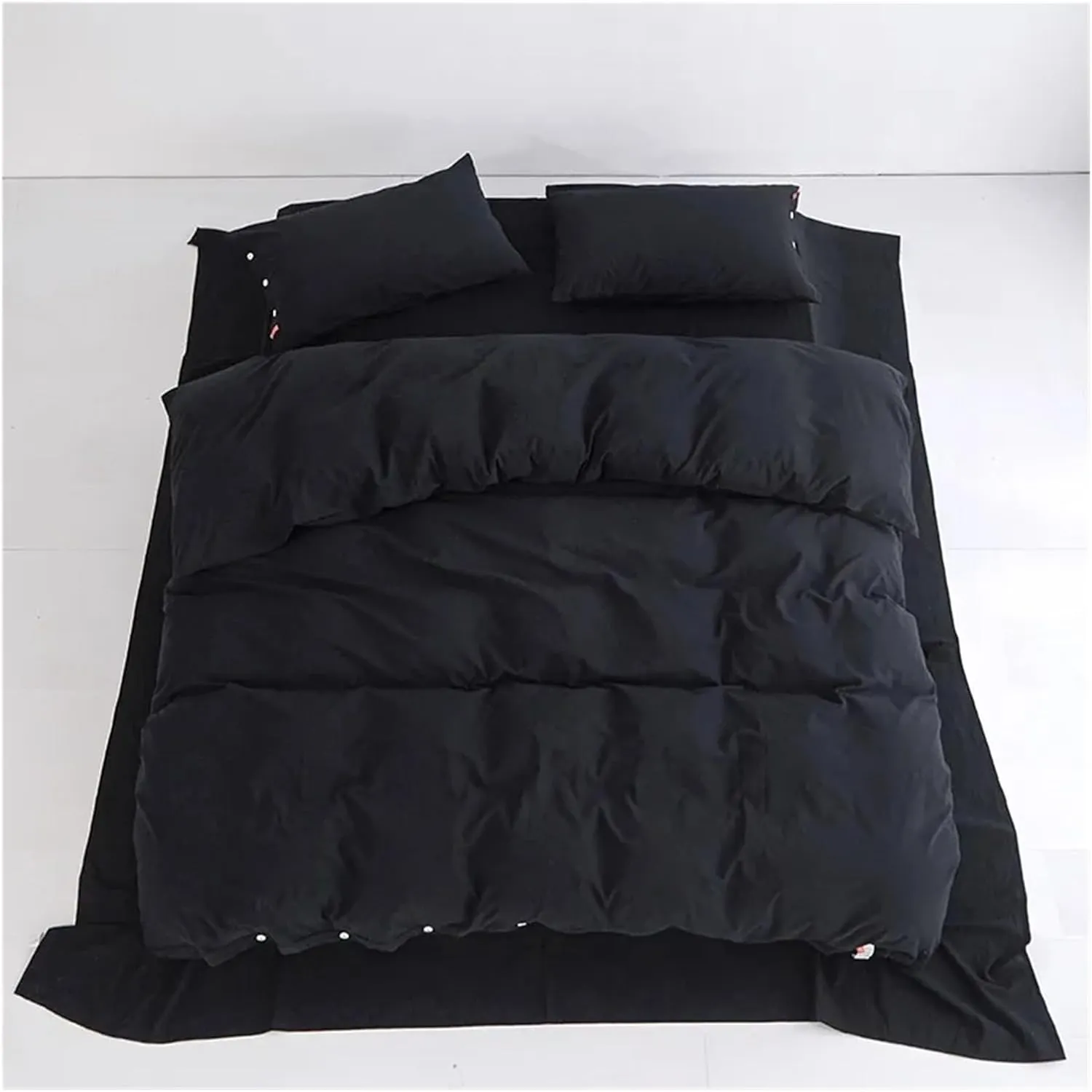 100% Washed Cotton Linen Feel Soft Comfy 4Pcs Bedding Set Solid Navy Black Button Closure Duvet Cover 1 Bed Sheet 2 Pillow Shams,Bed Sheets (B Twin 4pcs)