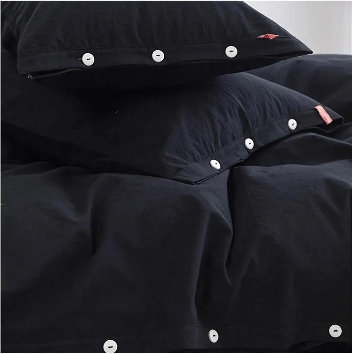 100% Washed Cotton Linen Feel Soft Comfy 4Pcs Bedding Set Solid Navy Black Button Closure Duvet Cover 1 Bed Sheet 2 Pillow Shams,Bed Sheets (B Twin 4pcs)