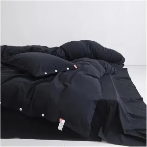 100% Washed Cotton Linen Feel Soft Comfy 4Pcs Bedding Set Solid Navy Black Button Closure Duvet Cover 1 Bed Sheet 2 Pillow Shams,Bed Sheets (B Twin 4pcs)