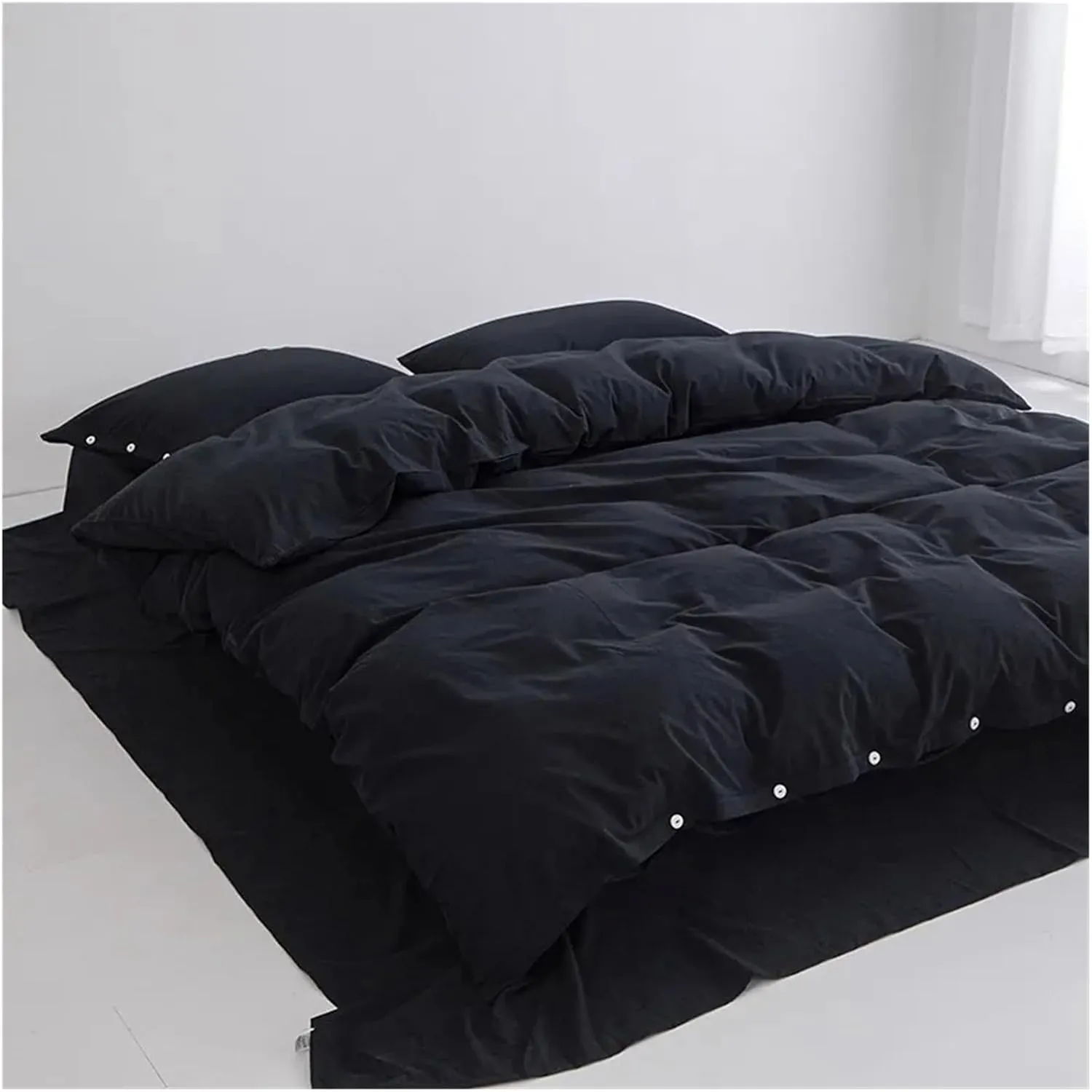 100% Washed Cotton Linen Feel Soft Comfy 4Pcs Bedding Set Solid Navy Black Button Closure Duvet Cover 1 Bed Sheet 2 Pillow Shams,Bed Sheets (B Twin 4pcs)