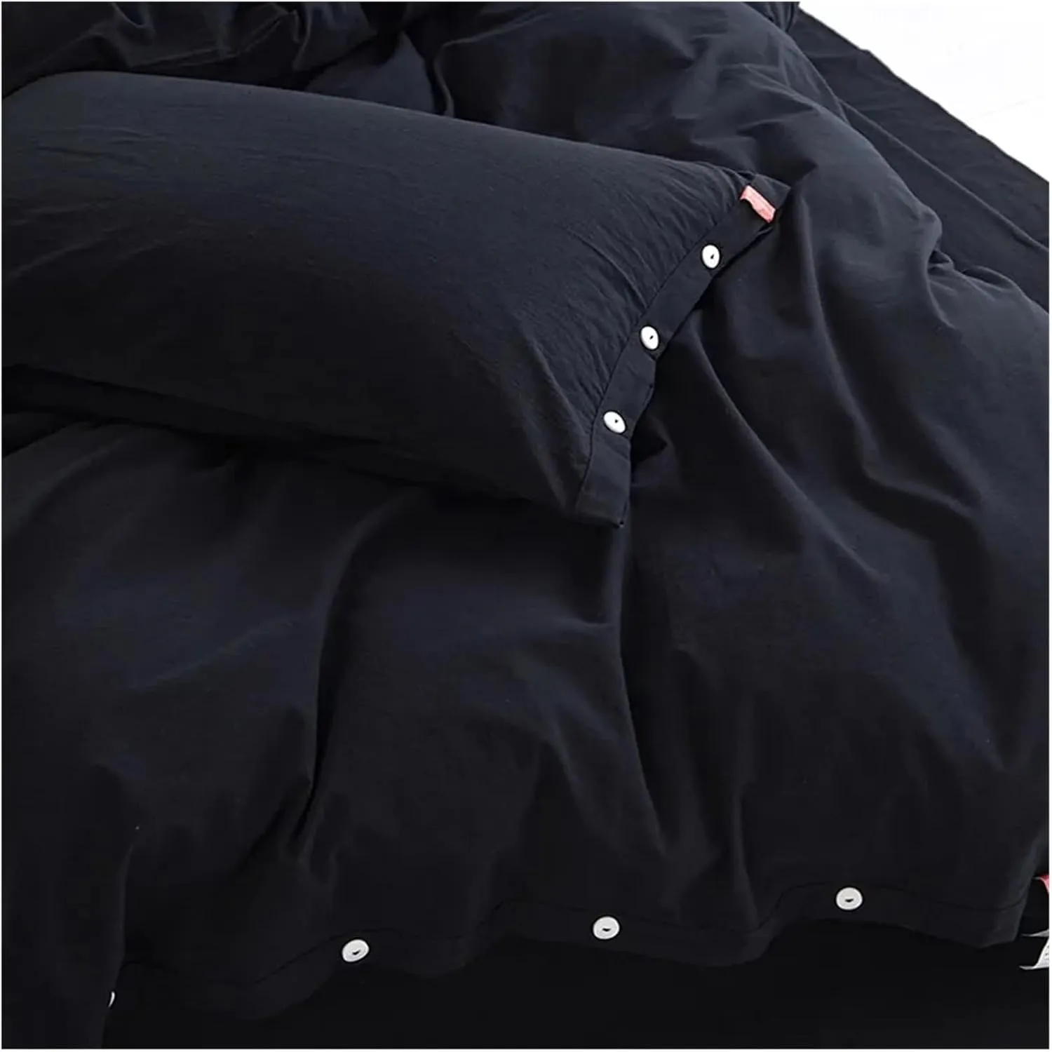 100% Washed Cotton Linen Feel Soft Comfy 4Pcs Bedding Set Solid Navy Black Button Closure Duvet Cover 1 Bed Sheet 2 Pillow Shams,Bed Sheets (B Twin 4pcs)