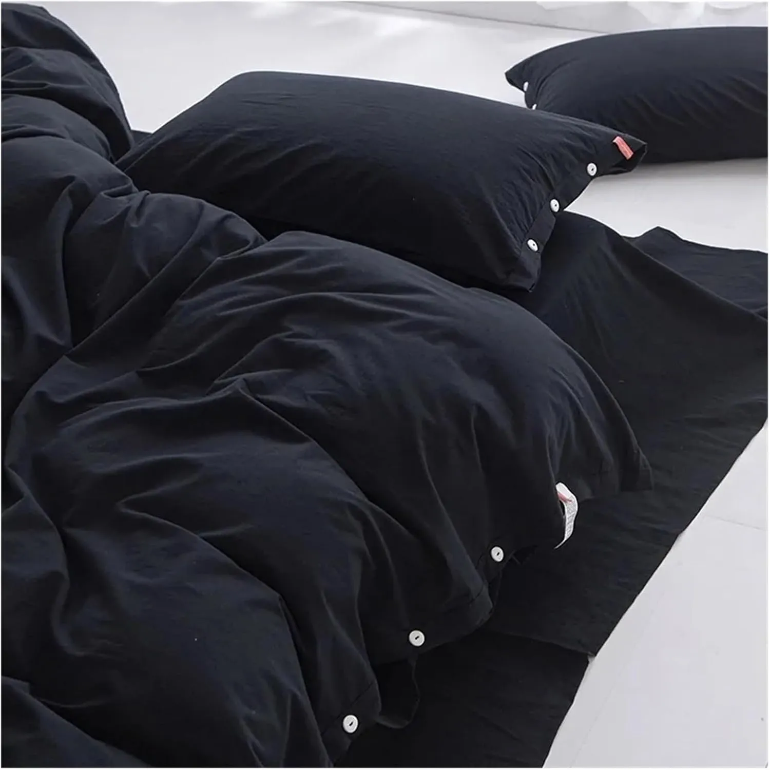 100% Washed Cotton Linen Feel Soft Comfy 4Pcs Bedding Set Solid Navy Black Button Closure Duvet Cover 1 Bed Sheet 2 Pillow Shams,Bed Sheets (B Twin 4pcs)