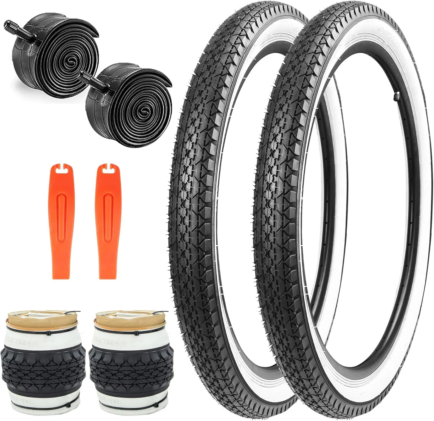 1/2 Pack 24"/26" x 2.125" Folding Replacement Bike Tires for Beach Cruiser Bike，Bicycle Tires for Commuter Bikes，White Wall，Non-Slip