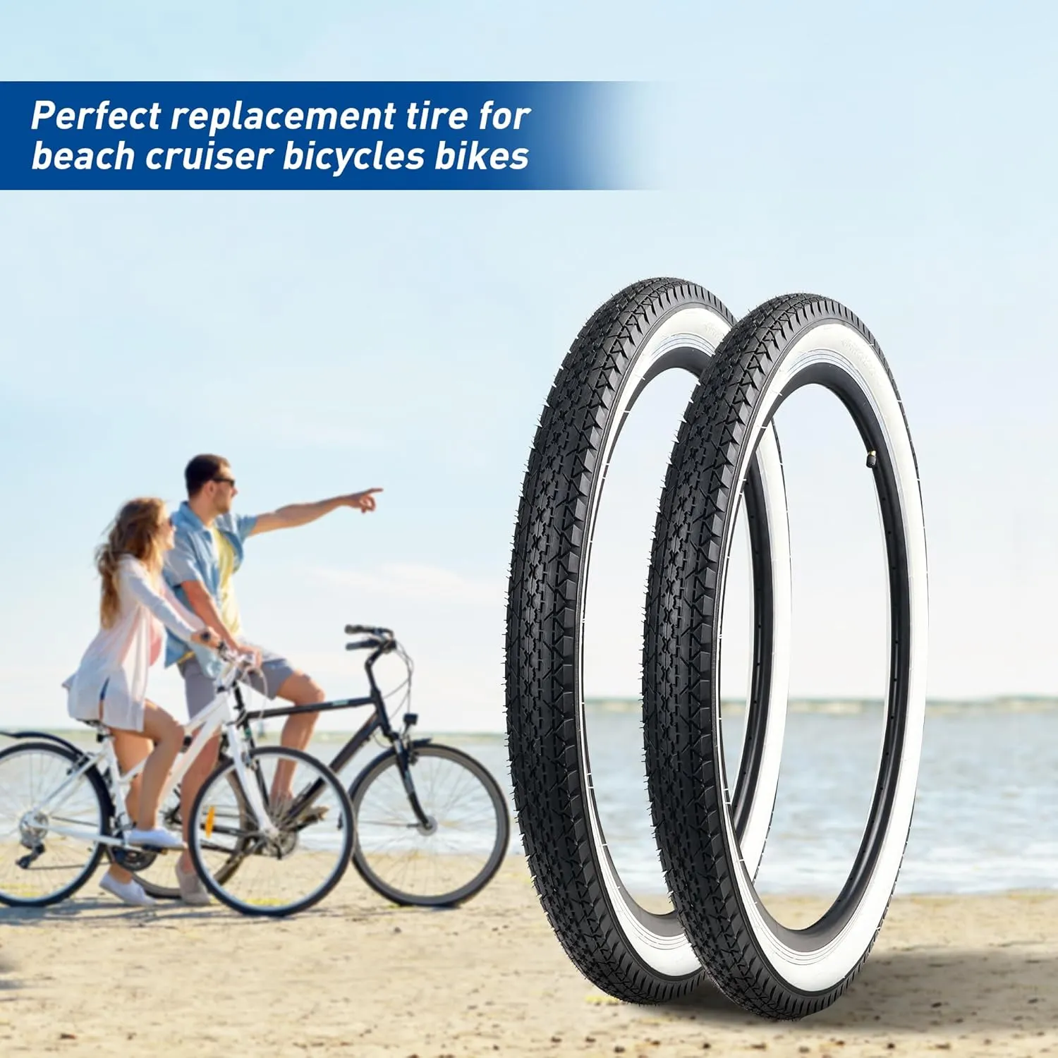 1/2 Pack 24"/26" x 2.125" Folding Replacement Bike Tires for Beach Cruiser Bike，Bicycle Tires for Commuter Bikes，White Wall，Non-Slip