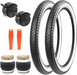 1/2 Pack 24"/26" x 2.125" Folding Replacement Bike Tires for Beach Cruiser Bike，Bicycle Tires for Commuter Bikes，White Wall，Non-Slip