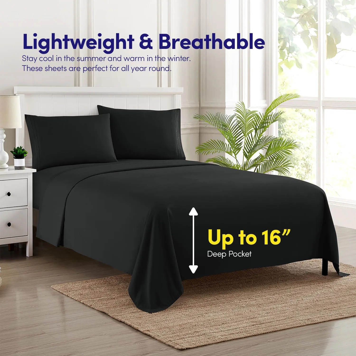 1500 Supreme Collection RV Short Queen Sheets Set, Black - Short Queen Bed Sheets for RV Camper Mattress, 1500 Supreme Collection Soft Sheets, RV Queen Size, Black