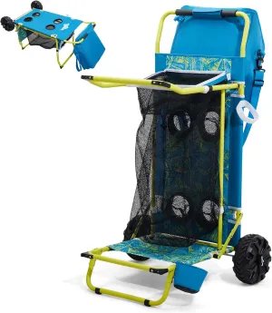 2-in-1 Beach Cart with Big Wheels for Sand, Folding Utility Wagon with Chair Holder, Cooler Bag, Mesh Storage, 4 Cup Holders, Umbrella Rack, Supports 100 lbs, Ideal for Beach Camping Shopping, Blue