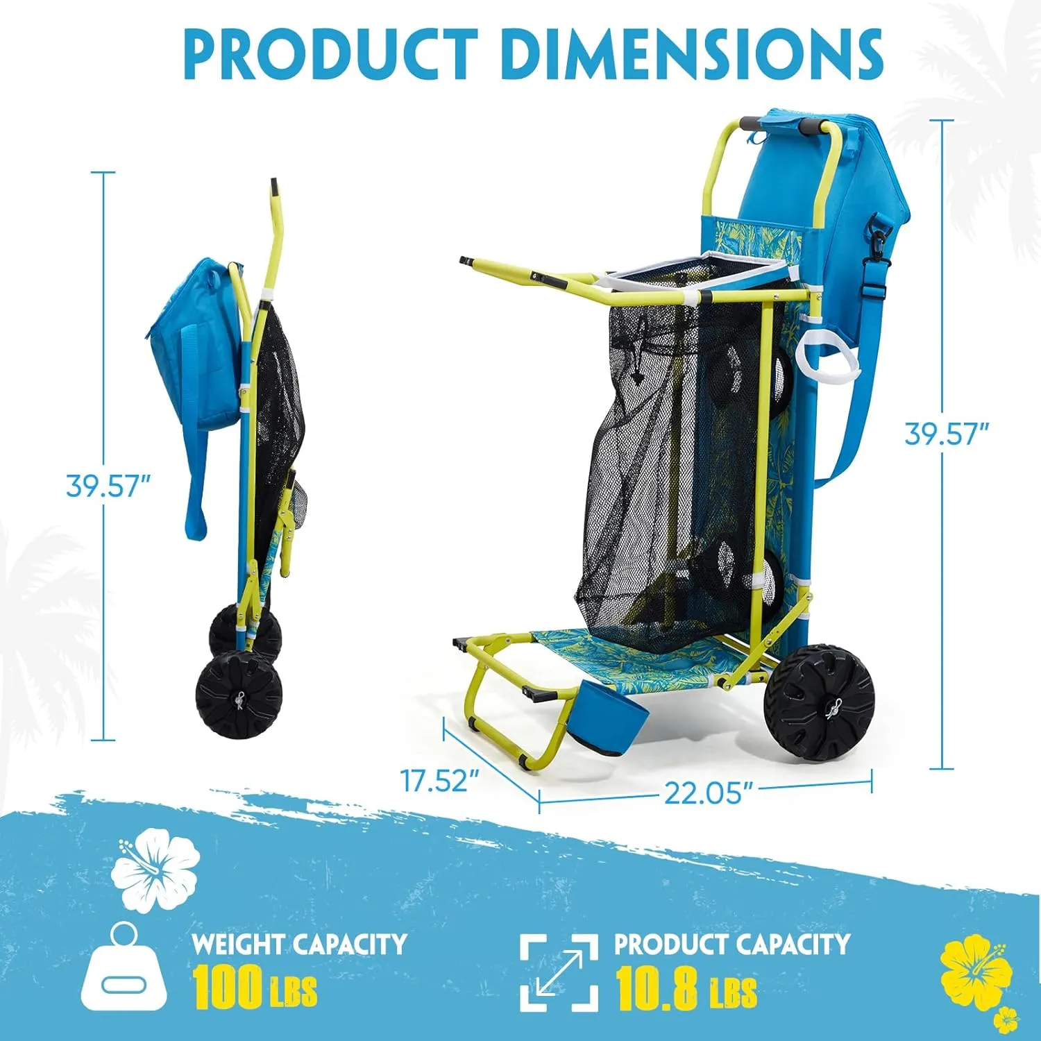 2-in-1 Beach Cart with Big Wheels for Sand, Folding Utility Wagon with Chair Holder, Cooler Bag, Mesh Storage, 4 Cup Holders, Umbrella Rack, Supports 100 lbs, Ideal for Beach Camping Shopping, Blue