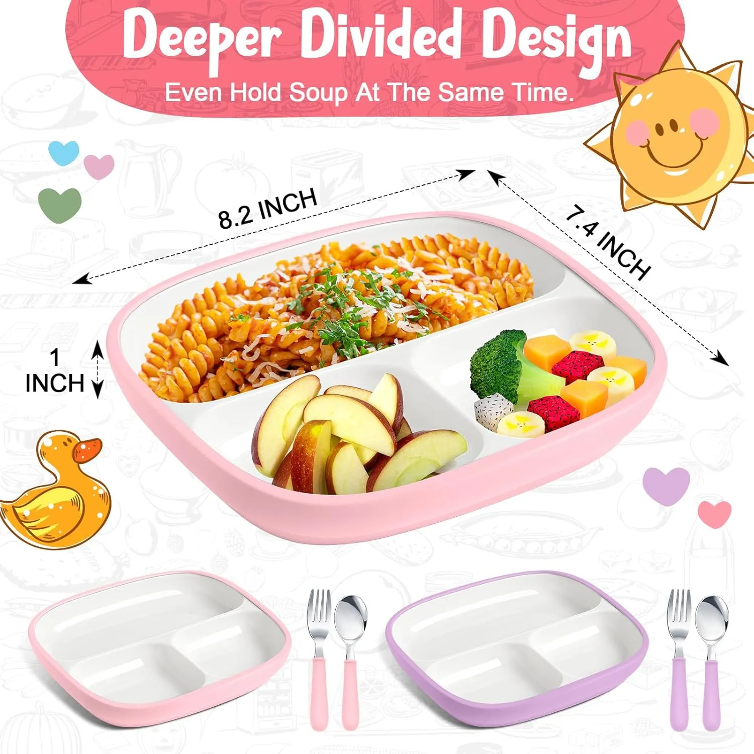 2 Pcs 8.2" Large Kids Porcelain Plates with Silicone Sleeves Toddlers Divided Plates Extra Deep White Porcelain Dishes 2 Pack Spoons and Forks Set Microwave Dishwasher Friendly(Pink,Purple)