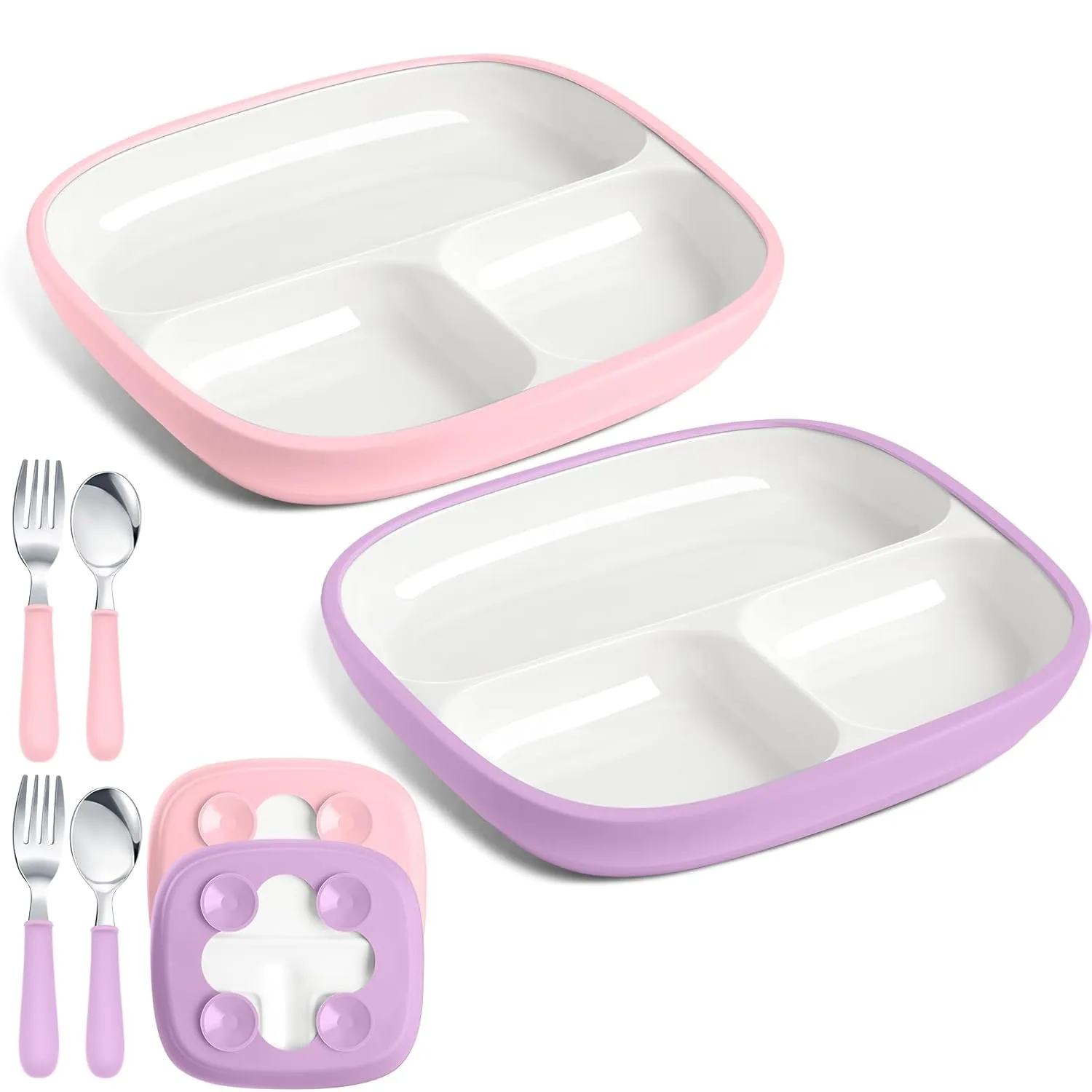 2 Pcs 8.2" Large Kids Porcelain Plates with Silicone Sleeves Toddlers Divided Plates Extra Deep White Porcelain Dishes 2 Pack Spoons and Forks Set Microwave Dishwasher Friendly(Pink,Purple)