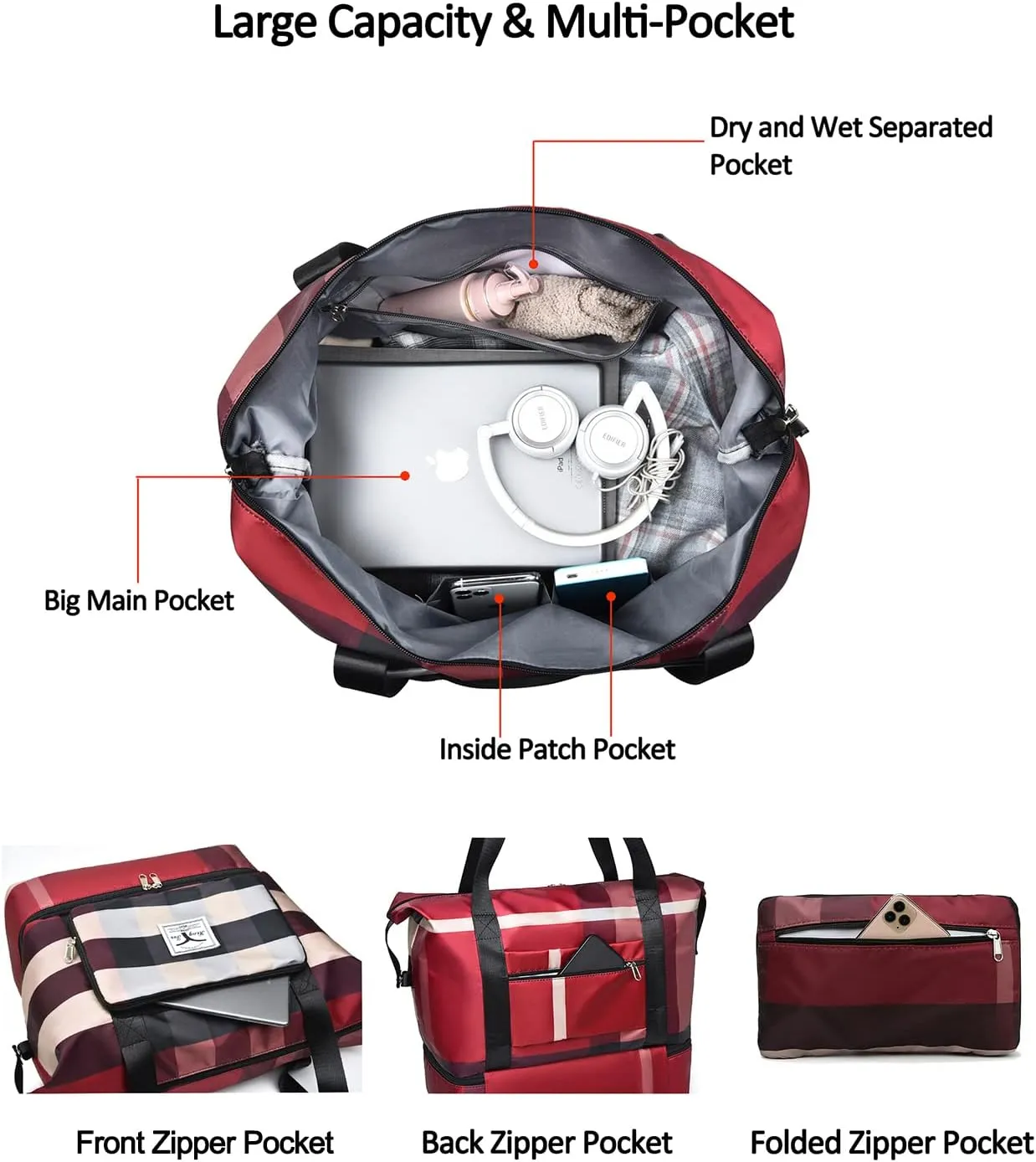2022 New Foldable Dry/Wet Separation Travel Duffel Bag with Shoe Compartment Large Capacity Folding Weekender Overnight Bag Lightweight Waterproof Gym Tote Bag (F-Black)