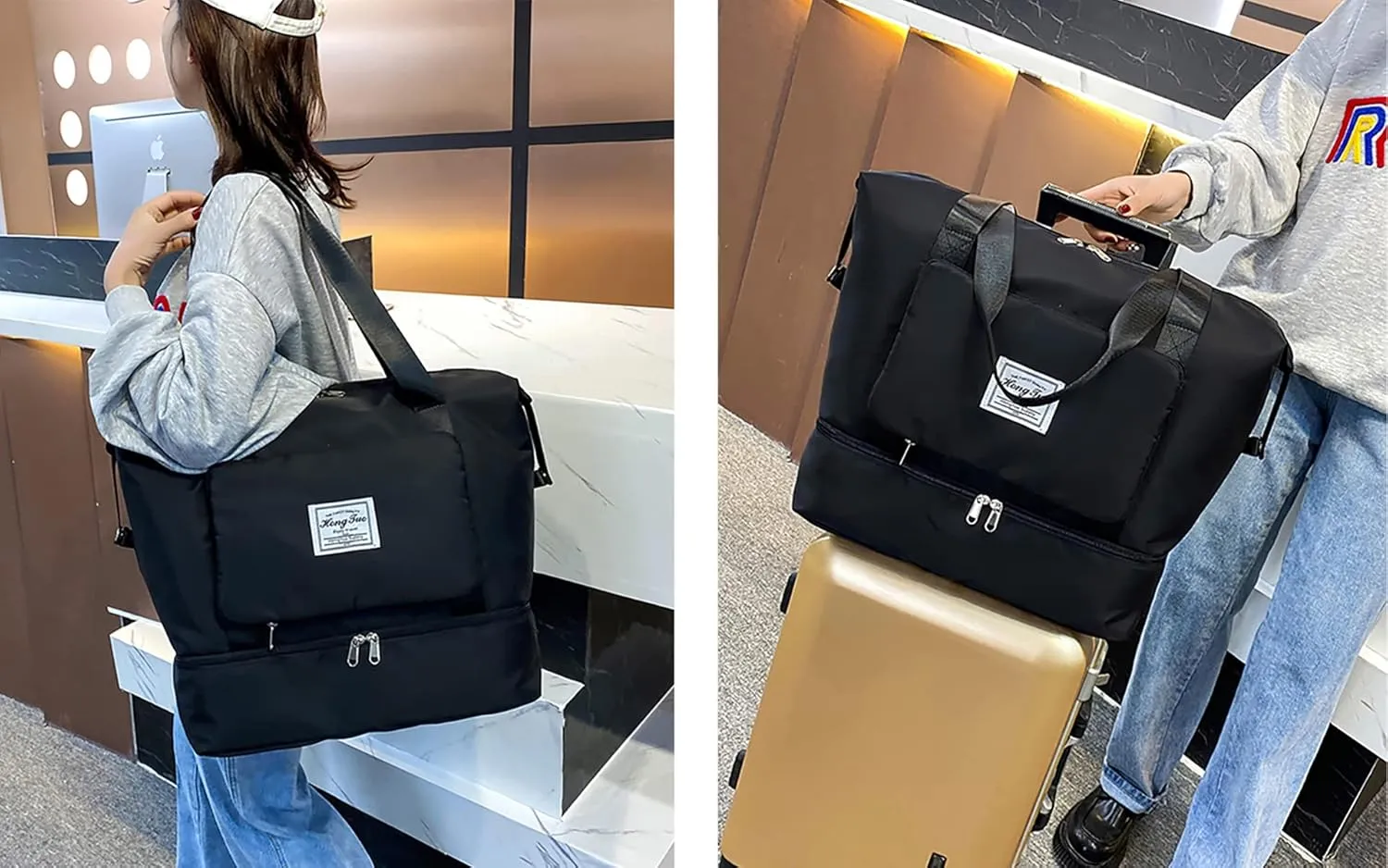 2022 New Foldable Dry/Wet Separation Travel Duffel Bag with Shoe Compartment Large Capacity Folding Weekender Overnight Bag Lightweight Waterproof Gym Tote Bag (F-Black)