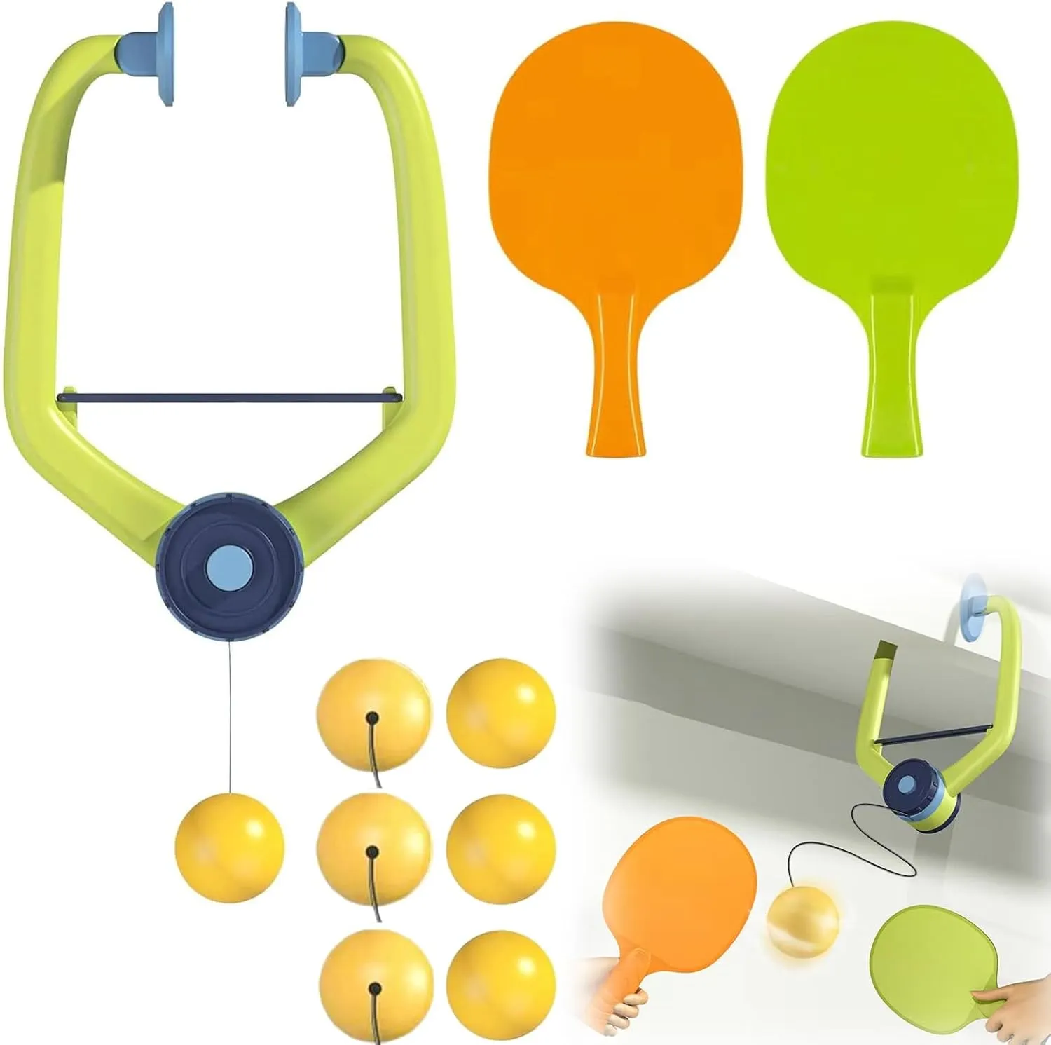 2025 New Hanging Table Tennis Trainer Portable Set, Door Pong Game for Kids With Racket and Balls, Adjustable (1 Pcs 6 Balls & 2 Pcs 12 Balls)