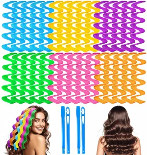 30 Pcs Heatless Hair Curlers Wave Curls Styling Kit with 2 Pcs Styling Hooks, No Heat Hair Curlers Heatless Wave Curlers for Women Girls Long Medium Short Hair (6 Colors, 45 cm/17.71 inch)