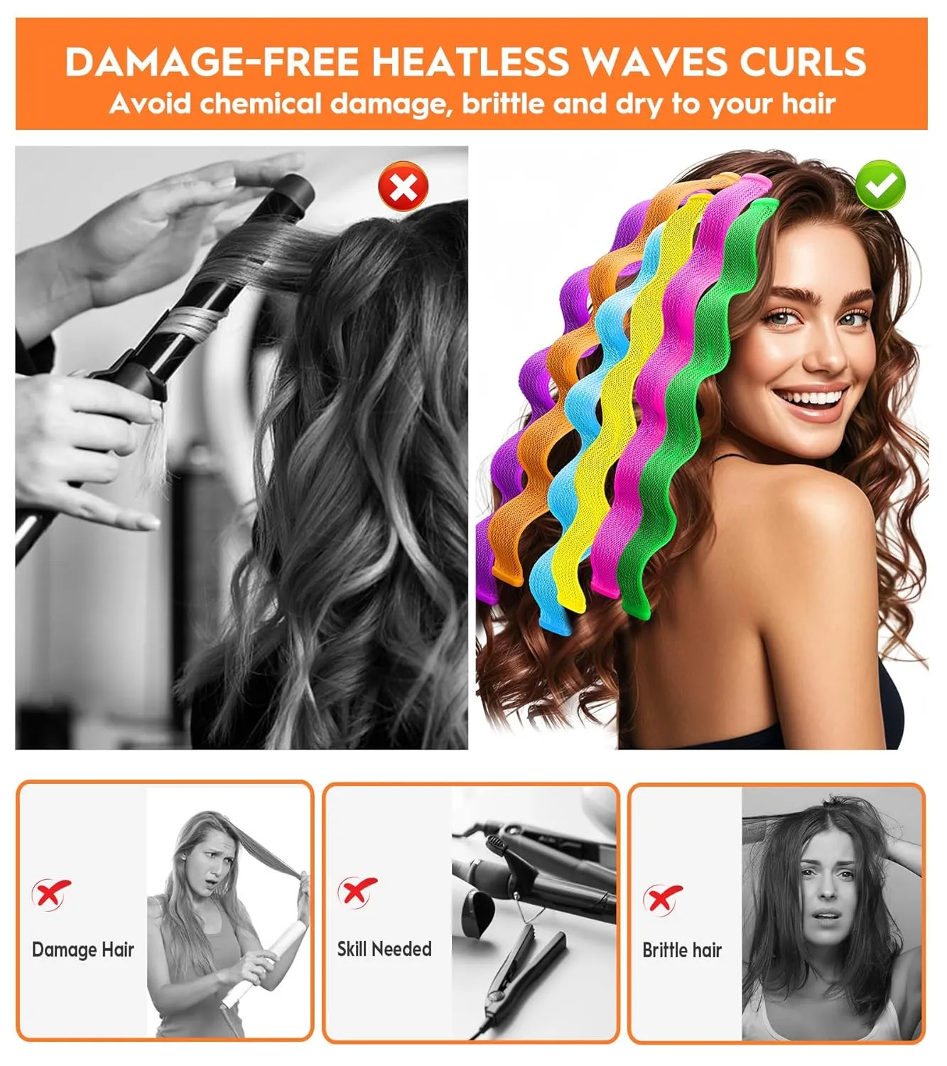 30 Pcs Heatless Hair Curlers Wave Curls Styling Kit with 2 Pcs Styling Hooks, No Heat Hair Curlers Heatless Wave Curlers for Women Girls Long Medium Short Hair (6 Colors, 45 cm/17.71 inch)