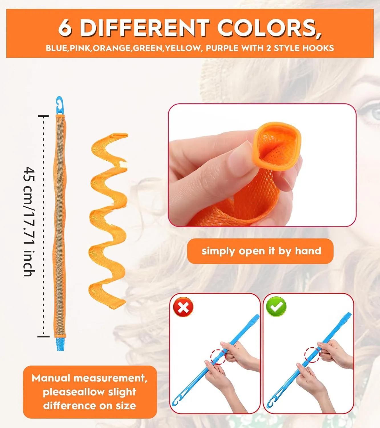 30 Pcs Heatless Hair Curlers Wave Curls Styling Kit with 2 Pcs Styling Hooks, No Heat Hair Curlers Heatless Wave Curlers for Women Girls Long Medium Short Hair (6 Colors, 45 cm/17.71 inch)