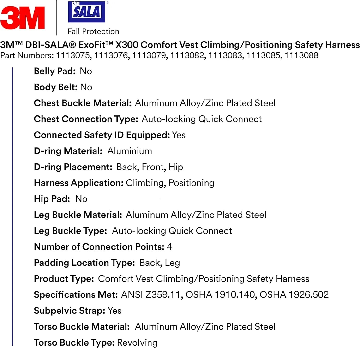 3M DBI-SALA ExoFit X300 Comfort Vest Climbing Positioning Safety Harness
