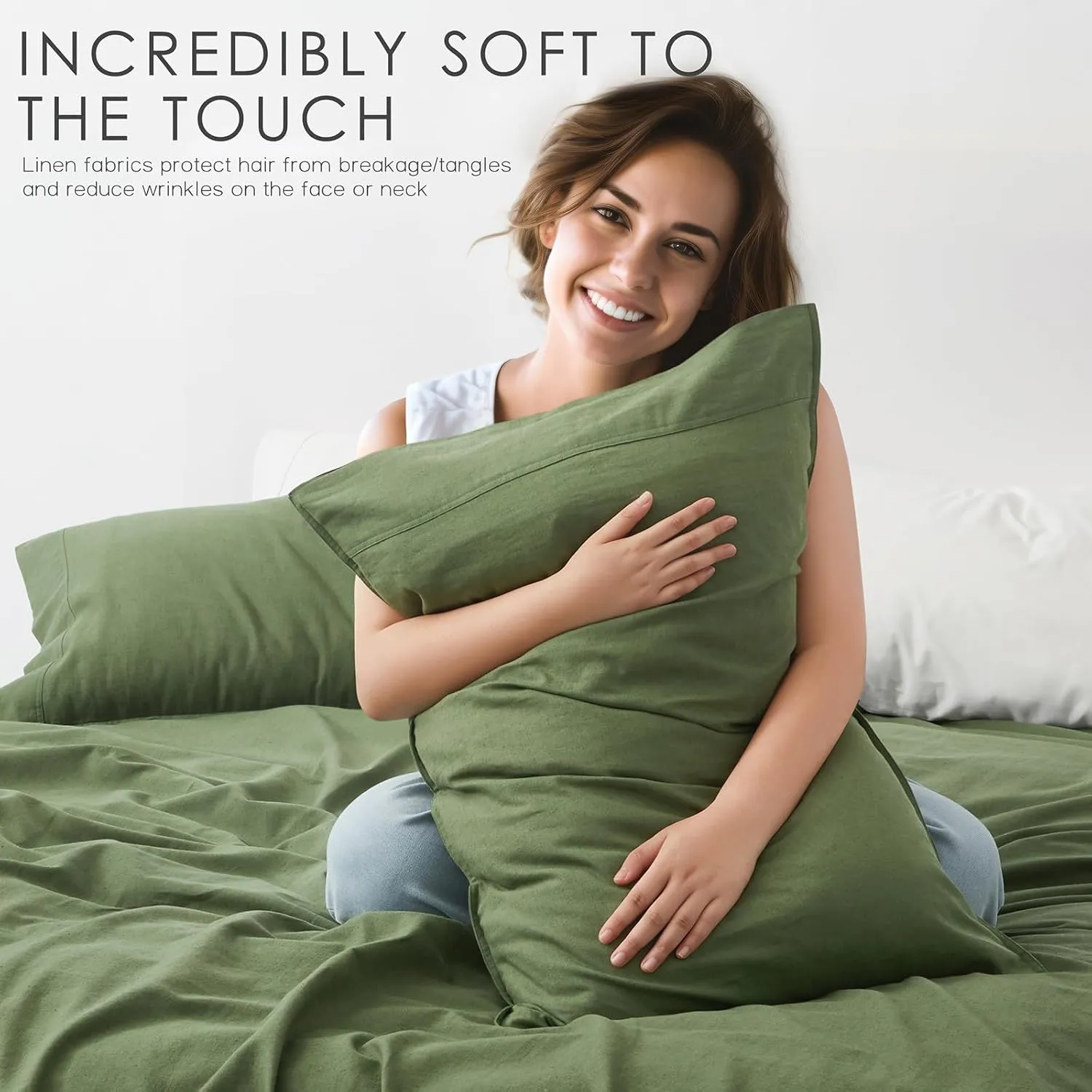 3Pcs Organic Linen Sheets Twin Size, 100% French Linen from Normandy, Durable Forest Green Bed Sheets Twin Sheet Set with 16 Inch Deep Pocket, 1 Flat Sheet, 1 Fitted Sheet, 1 Pillowcases