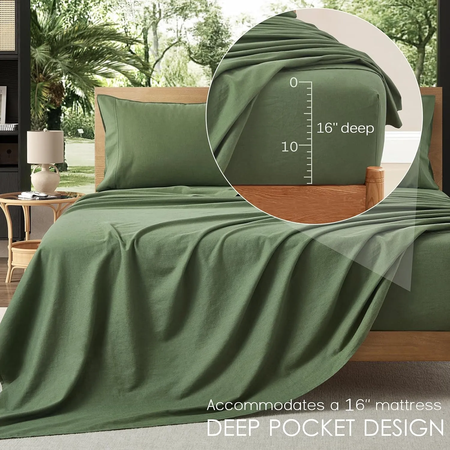 3Pcs Organic Linen Sheets Twin Size, 100% French Linen from Normandy, Durable Forest Green Bed Sheets Twin Sheet Set with 16 Inch Deep Pocket, 1 Flat Sheet, 1 Fitted Sheet, 1 Pillowcases