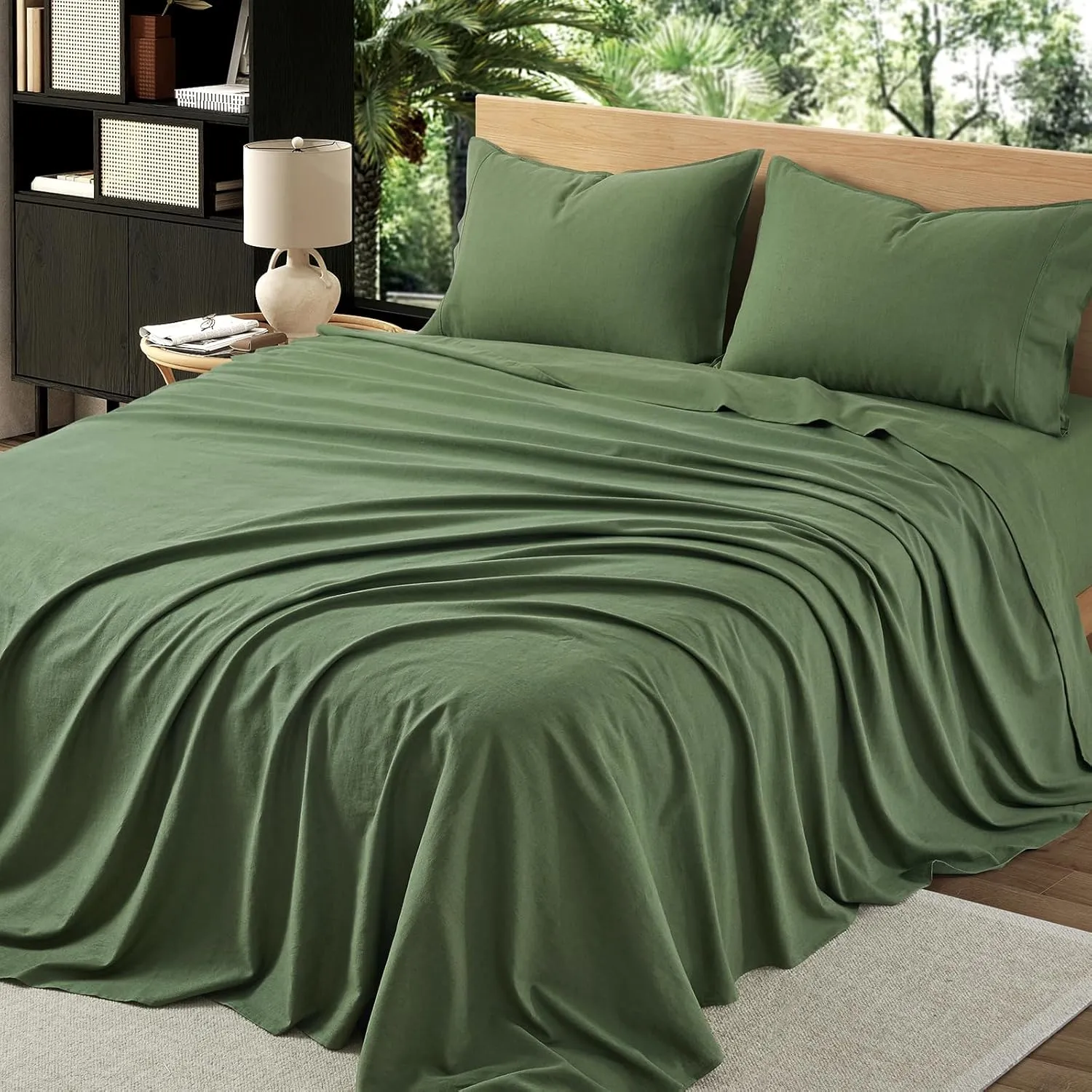 3Pcs Organic Linen Sheets Twin Size, 100% French Linen from Normandy, Durable Forest Green Bed Sheets Twin Sheet Set with 16 Inch Deep Pocket, 1 Flat Sheet, 1 Fitted Sheet, 1 Pillowcases