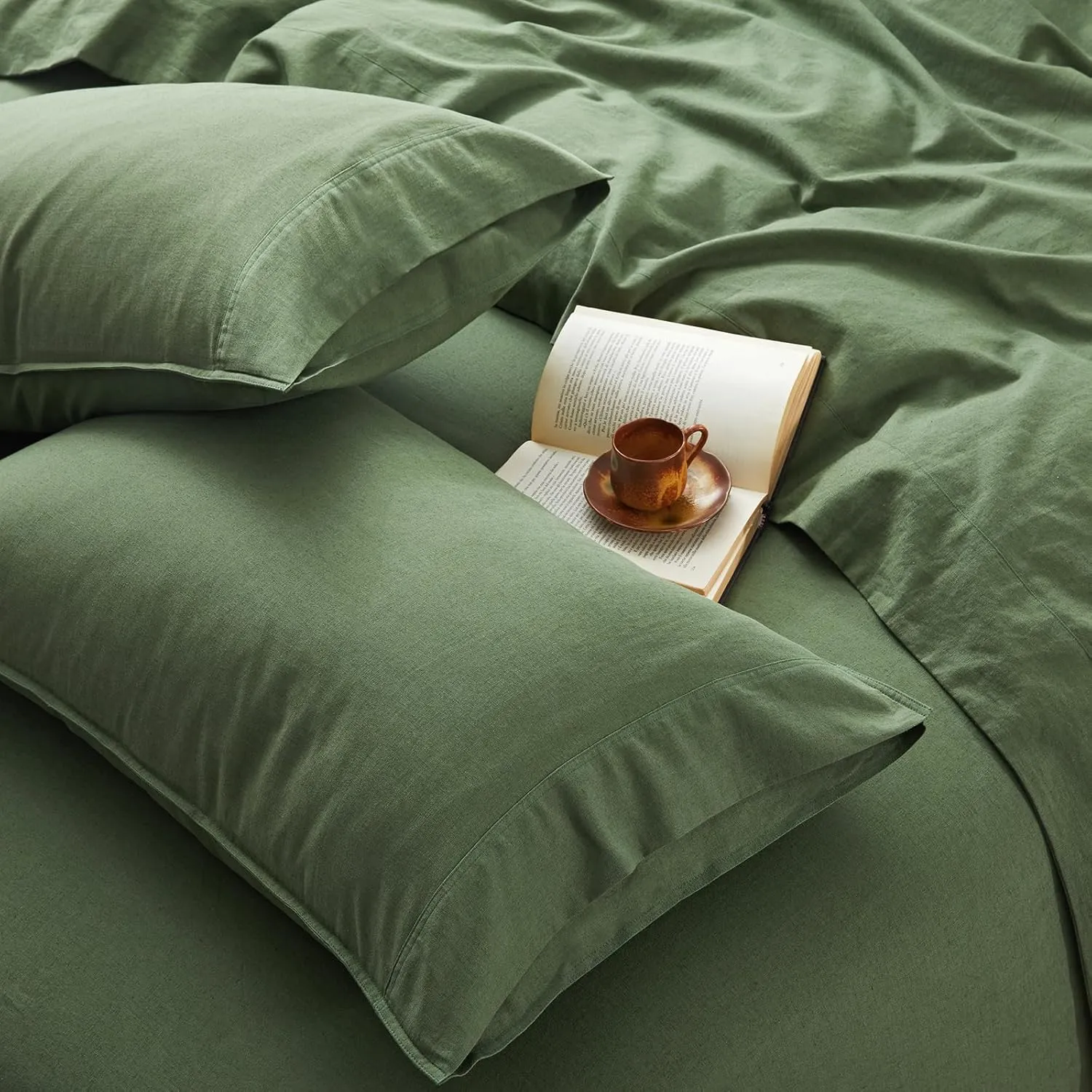 3Pcs Organic Linen Sheets Twin Size, 100% French Linen from Normandy, Durable Forest Green Bed Sheets Twin Sheet Set with 16 Inch Deep Pocket, 1 Flat Sheet, 1 Fitted Sheet, 1 Pillowcases