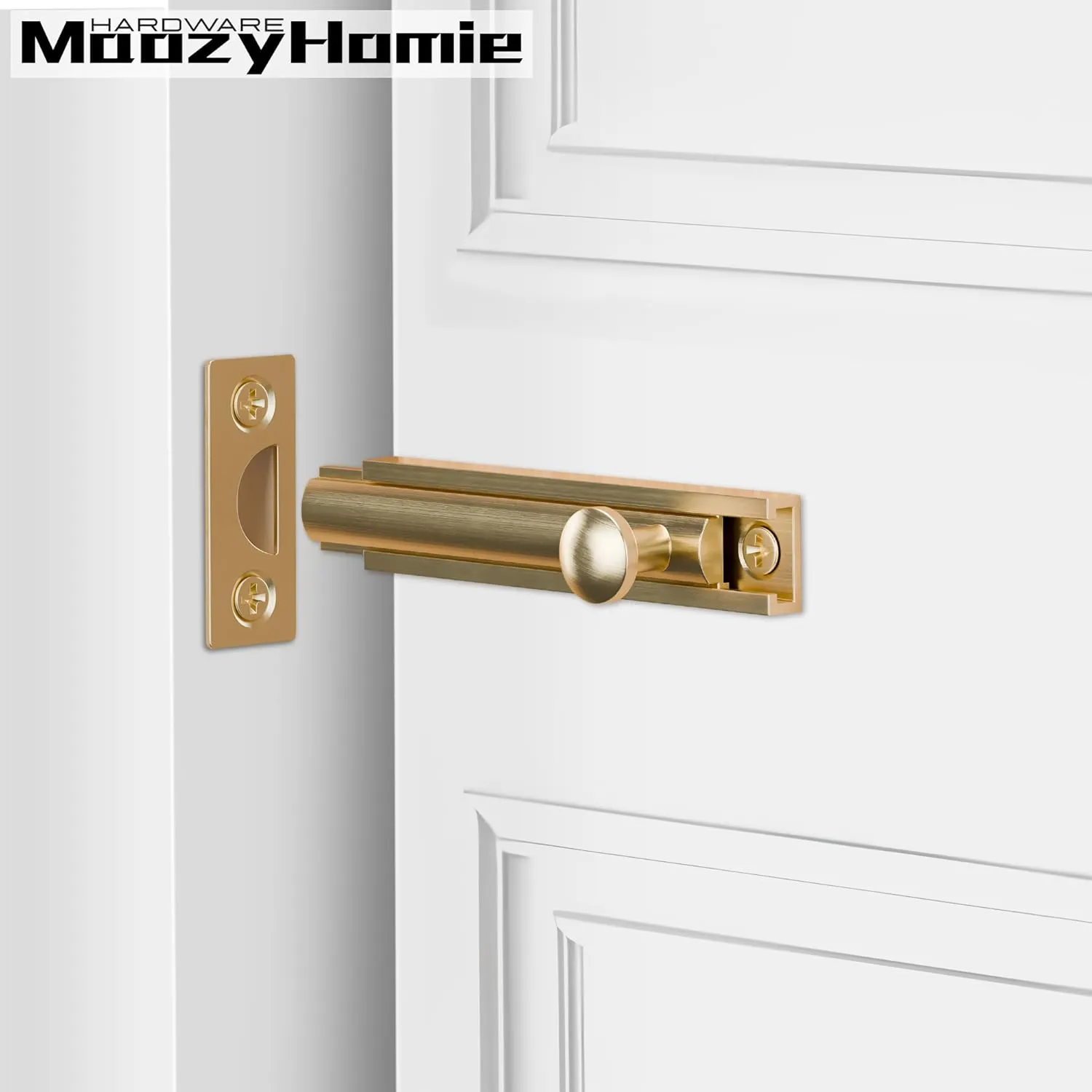 4 Inch Solid Brass Surface Bolt, Heavy Duty Concealed Slide Surface Door Bolt, Slide Bolt Latch French Door Lock with Screws for Windows Cabinet Wooden Fence Yard, Brushed Gold, 2 Pack