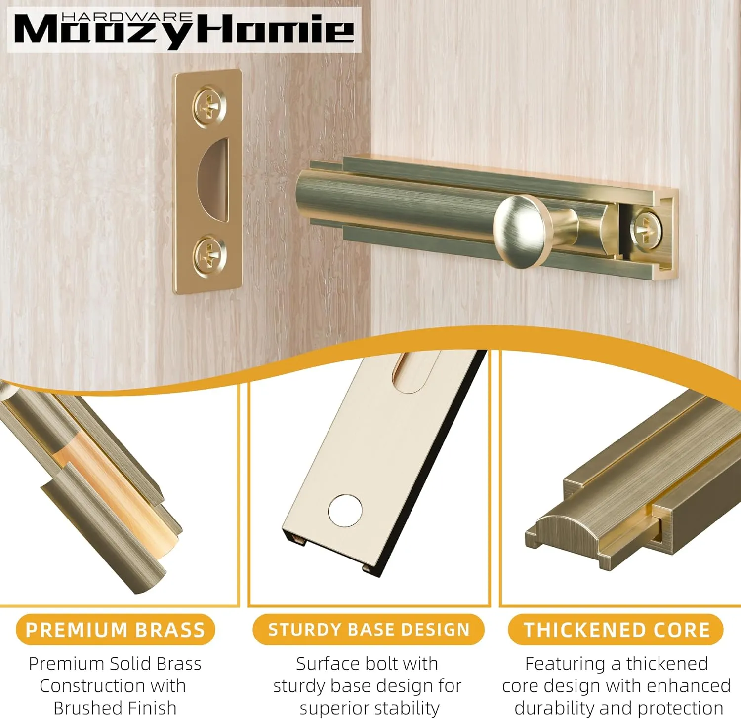 4 Inch Solid Brass Surface Bolt, Heavy Duty Concealed Slide Surface Door Bolt, Slide Bolt Latch French Door Lock with Screws for Windows Cabinet Wooden Fence Yard, Brushed Gold, 2 Pack
