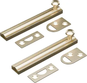 4 Inch Solid Brass Surface Bolt, Heavy Duty Concealed Slide Surface Door Bolt, Slide Bolt Latch French Door Lock with Screws for Windows Cabinet Wooden Fence Yard, Brushed Gold, 2 Pack
