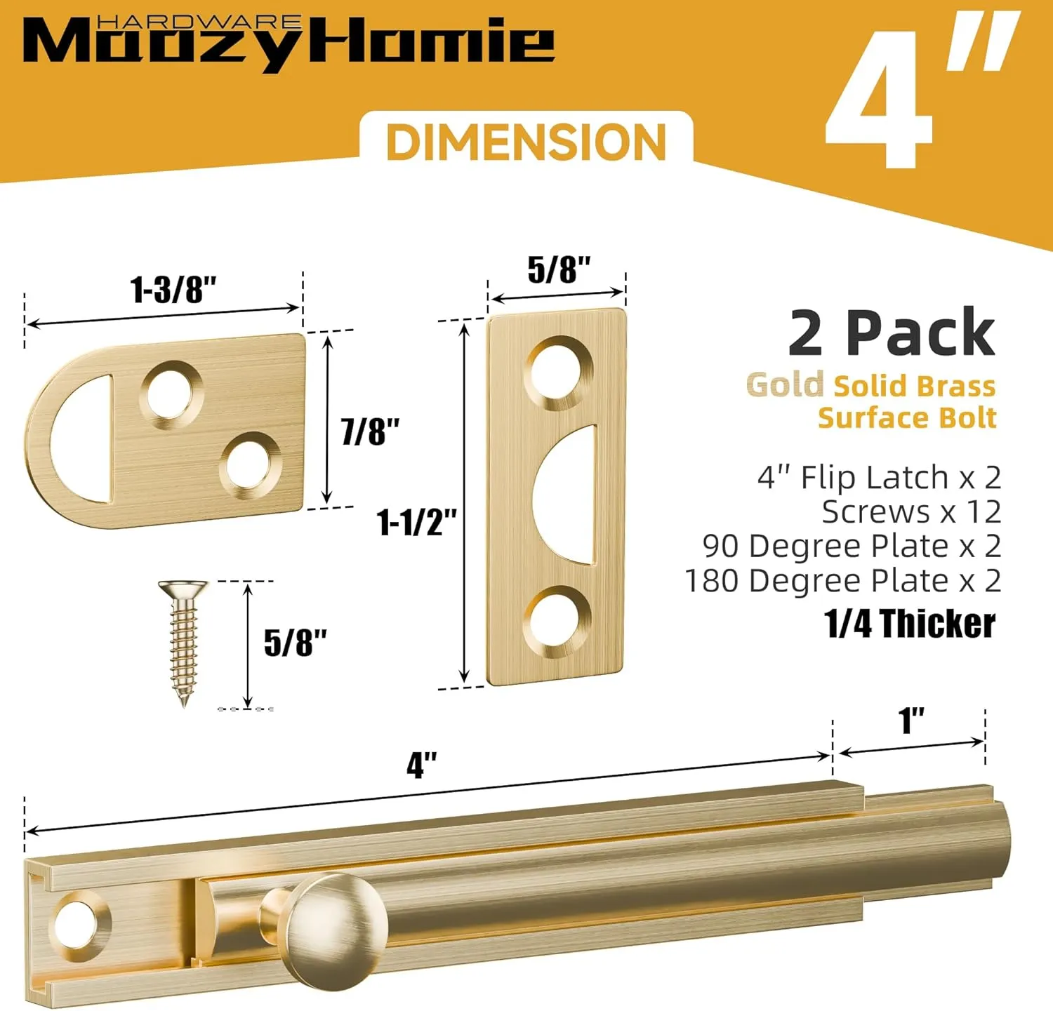 4 Inch Solid Brass Surface Bolt, Heavy Duty Concealed Slide Surface Door Bolt, Slide Bolt Latch French Door Lock with Screws for Windows Cabinet Wooden Fence Yard, Brushed Gold, 2 Pack