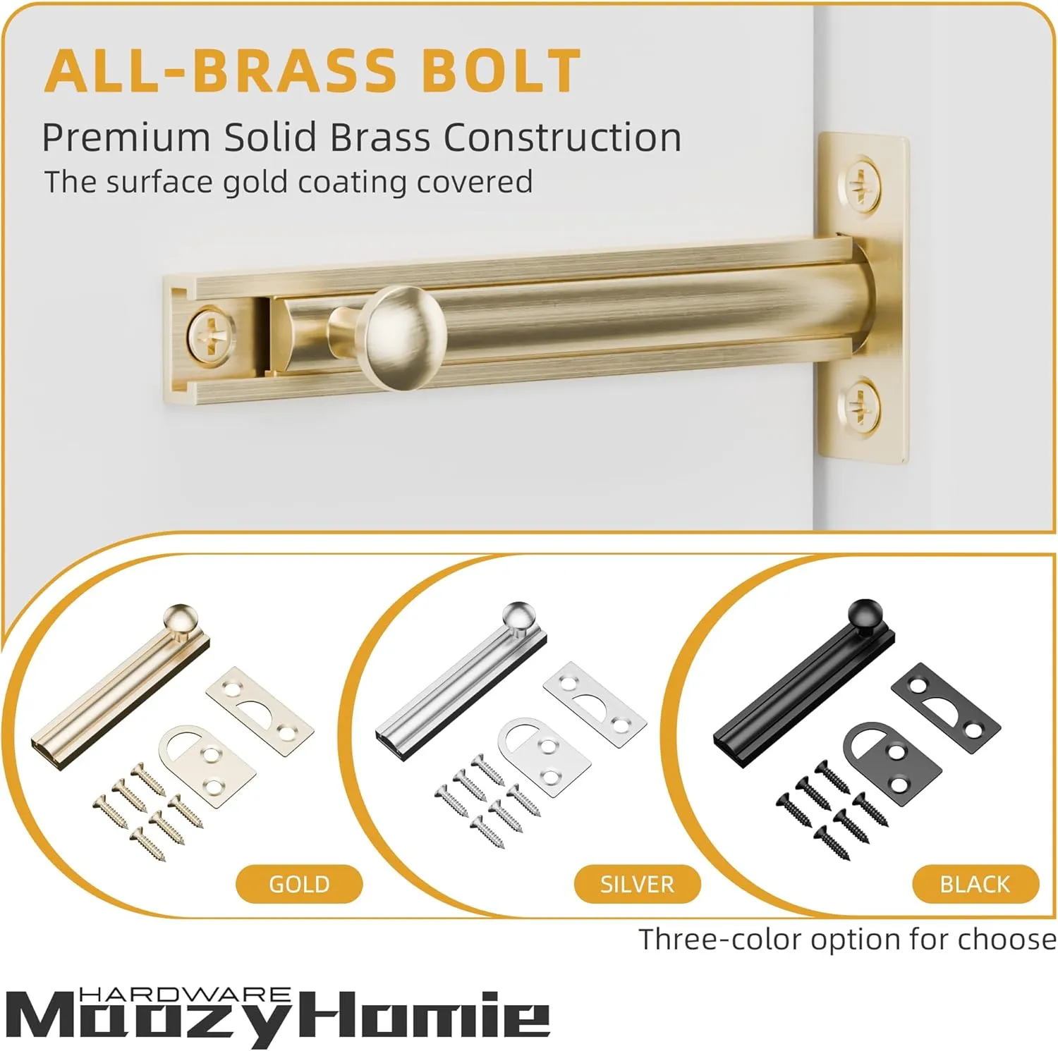 4 Inch Solid Brass Surface Bolt, Heavy Duty Concealed Slide Surface Door Bolt, Slide Bolt Latch French Door Lock with Screws for Windows Cabinet Wooden Fence Yard, Brushed Gold, 2 Pack