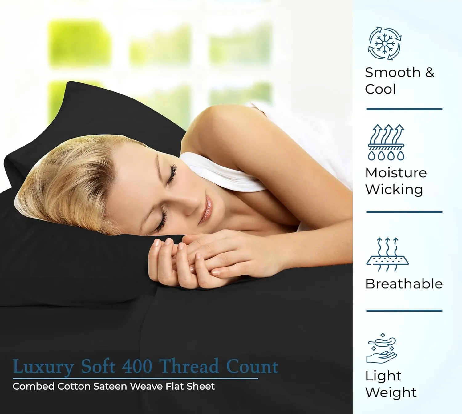 400 Thread Count 100% American Grown Cotton Black Flat Sheet Only - Cooling Sheets - Luxury Sateen Weave - Full Size Flat Sheet Sold Separately - Super Soft Cotton Top Sheets (Full, Night Black)