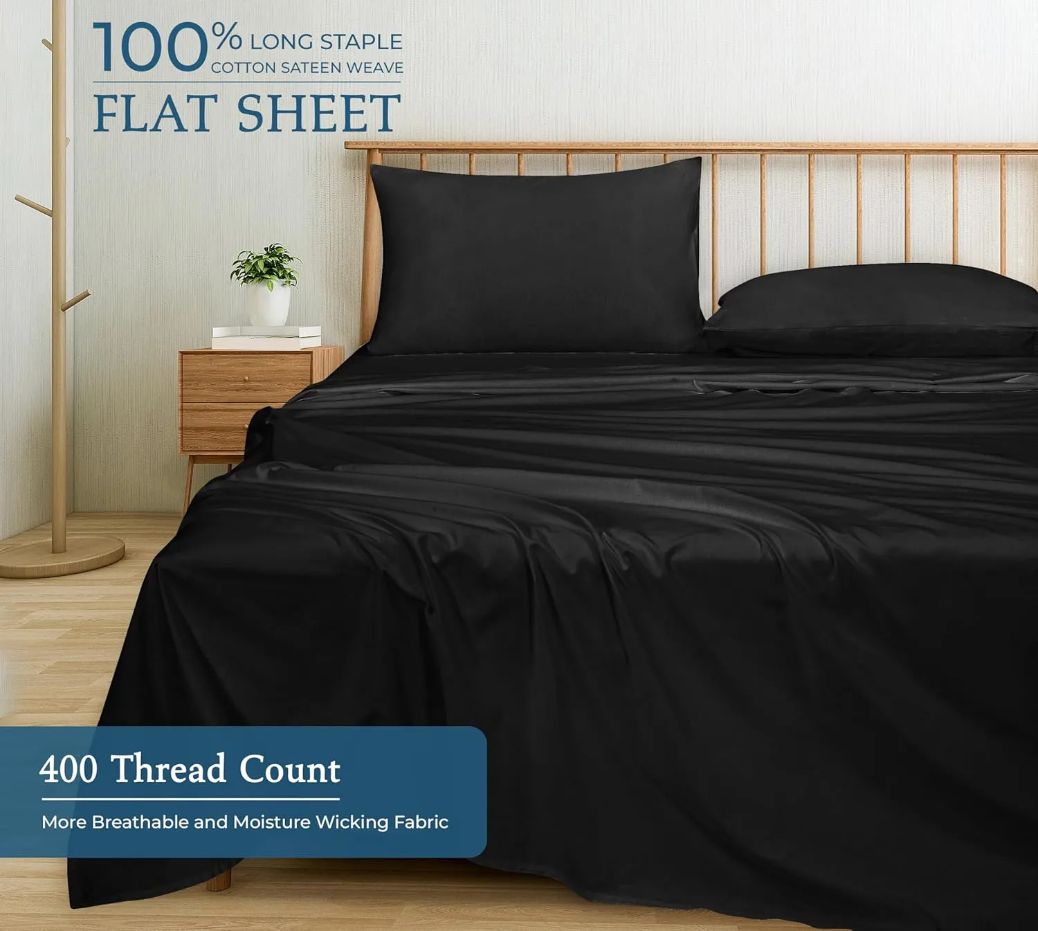 400 Thread Count 100% American Grown Cotton Black Flat Sheet Only - Cooling Sheets - Luxury Sateen Weave - Full Size Flat Sheet Sold Separately - Super Soft Cotton Top Sheets (Full, Night Black)