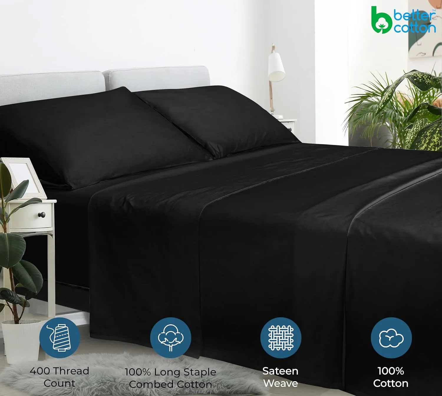 400 Thread Count 100% American Grown Cotton Black Flat Sheet Only - Cooling Sheets - Luxury Sateen Weave - Full Size Flat Sheet Sold Separately - Super Soft Cotton Top Sheets (Full, Night Black)