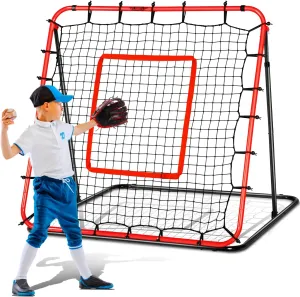 4x4FT Baseball Pitchback Net, 18 Angles Adjustable Soccer Rebounder Net,Pitch Trainer Simulate Grounder and Fly Ball,Volleyball Softball Rebound Net for Kids Youths Adults To Meet All Training