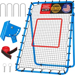 4x7ft Baseball Rebounder Anti-UV 5 Adjustable Angles Fielding Trainer, Volleyball Softball Football Rugby Baseball Bounce Back Net Anti-Skid Easy Storage Pitch Back Rebound Net with 4 Stakes