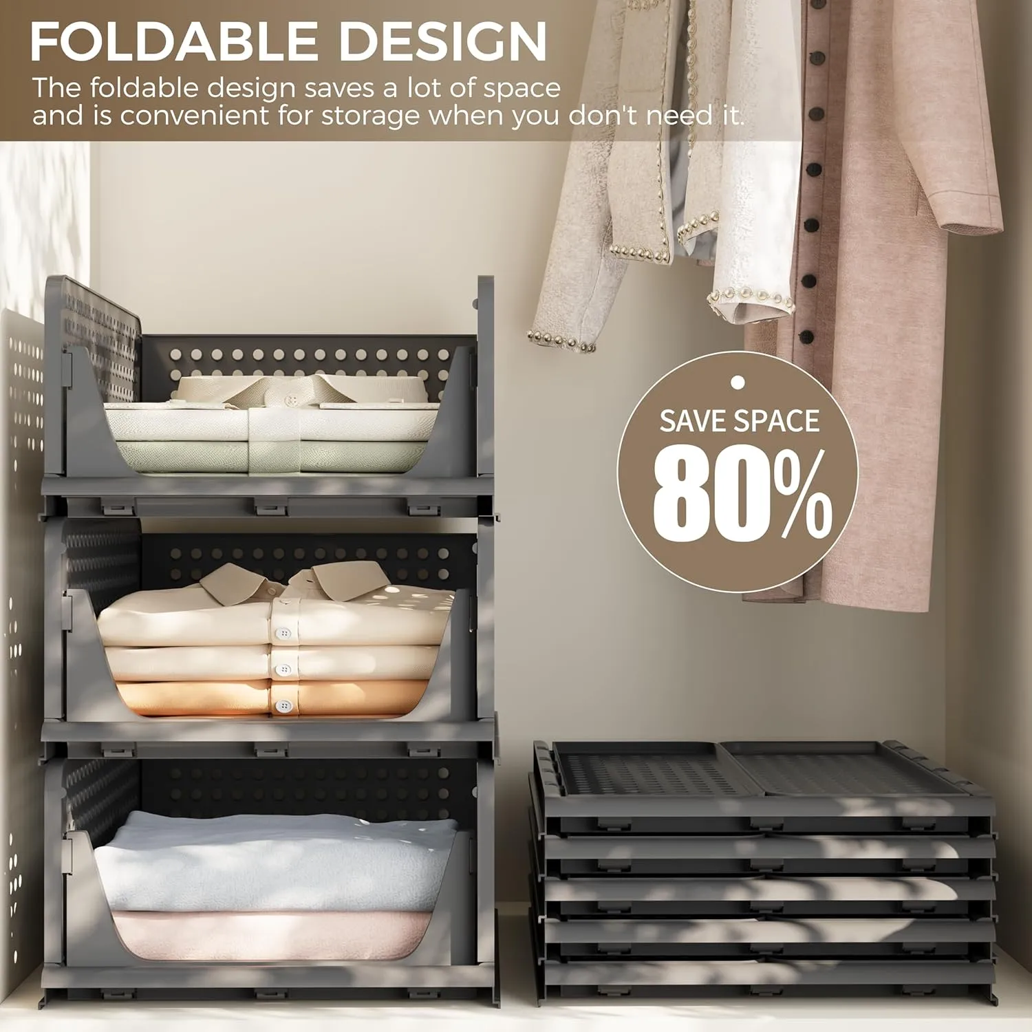 5 Pack Stackable Closet Storage Bins, Multifunctional & Foldable Closet Organizer Box, Drawer Shelf Storage for Bedroom Bathroom Kitchen Office Laundry Room, Black