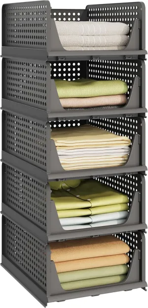 5 Pack Stackable Closet Storage Bins, Multifunctional & Foldable Closet Organizer Box, Drawer Shelf Storage for Bedroom Bathroom Kitchen Office Laundry Room, Black