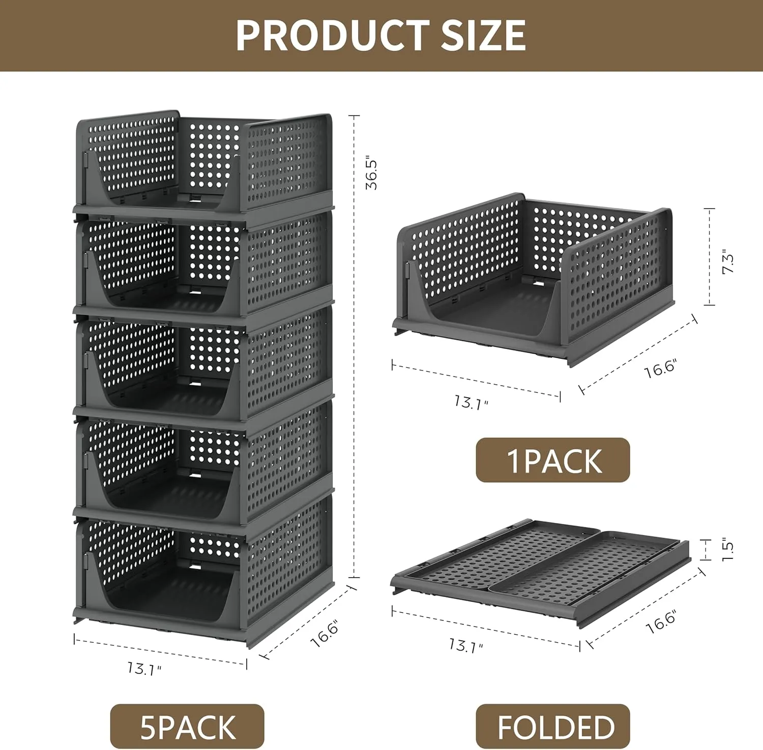 5 Pack Stackable Closet Storage Bins, Multifunctional & Foldable Closet Organizer Box, Drawer Shelf Storage for Bedroom Bathroom Kitchen Office Laundry Room, Black