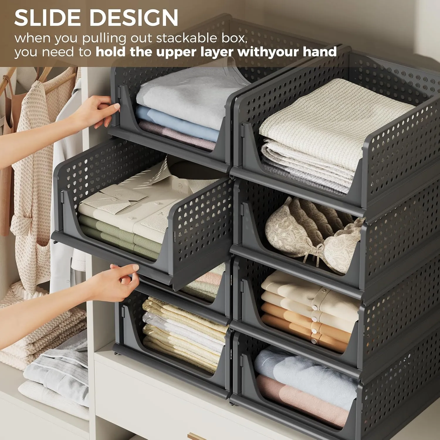 5 Pack Stackable Closet Storage Bins, Multifunctional & Foldable Closet Organizer Box, Drawer Shelf Storage for Bedroom Bathroom Kitchen Office Laundry Room, Black