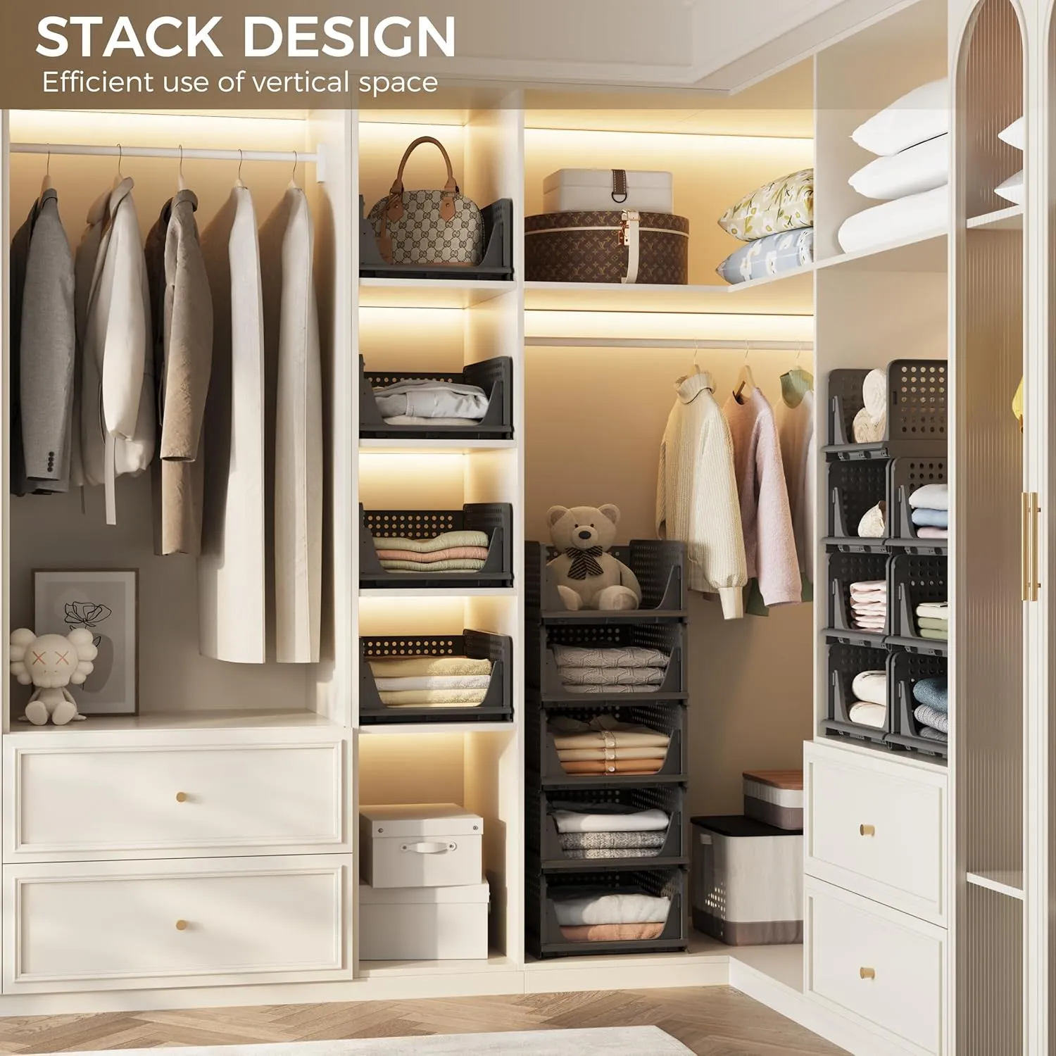 5 Pack Stackable Closet Storage Bins, Multifunctional & Foldable Closet Organizer Box, Drawer Shelf Storage for Bedroom Bathroom Kitchen Office Laundry Room, Black