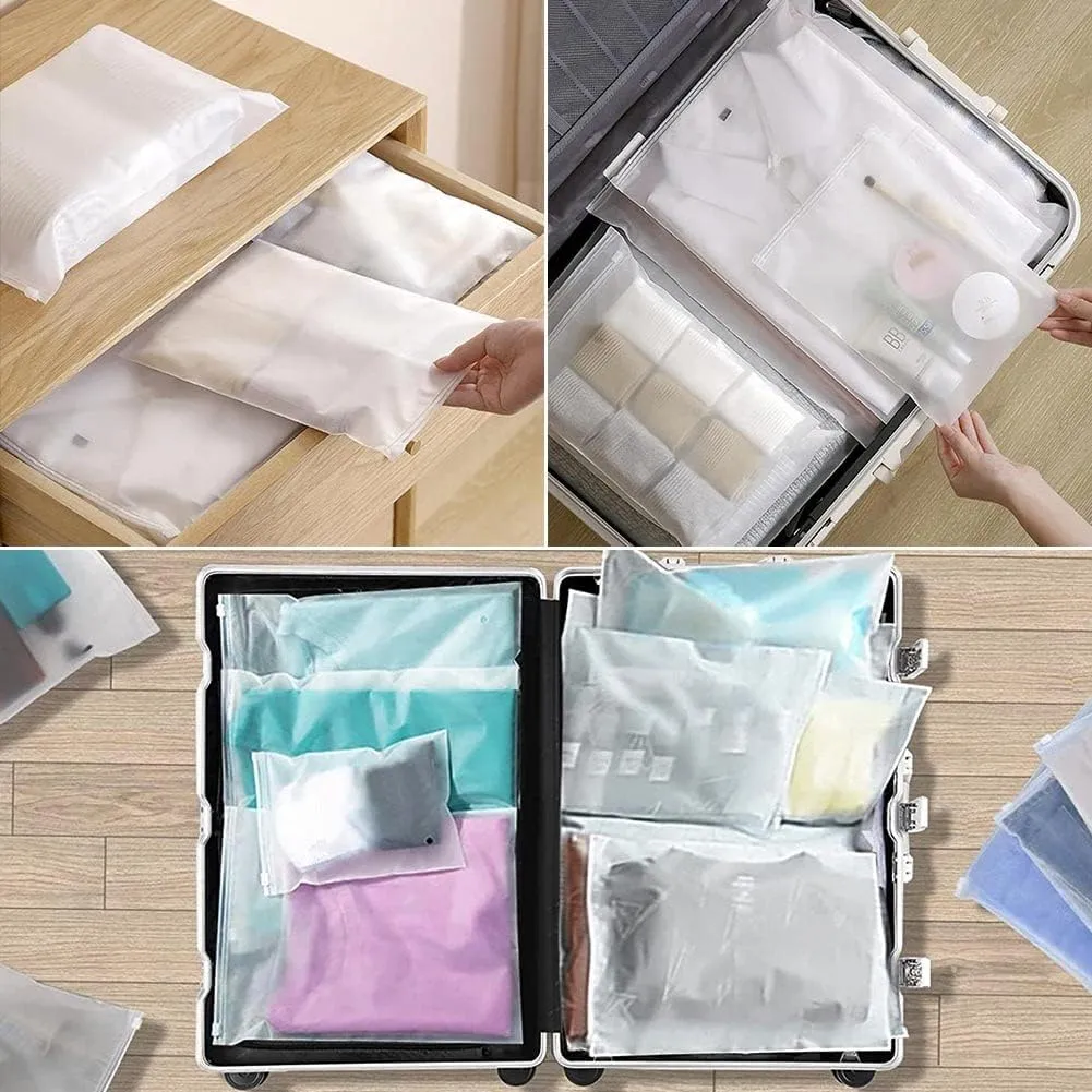 50Pcs Frosted Reusable Plastic Storage Bags with Zipper Closure, 13"x9" (32x22cm), Space Saver for Clothes, Travel, School, Shopping