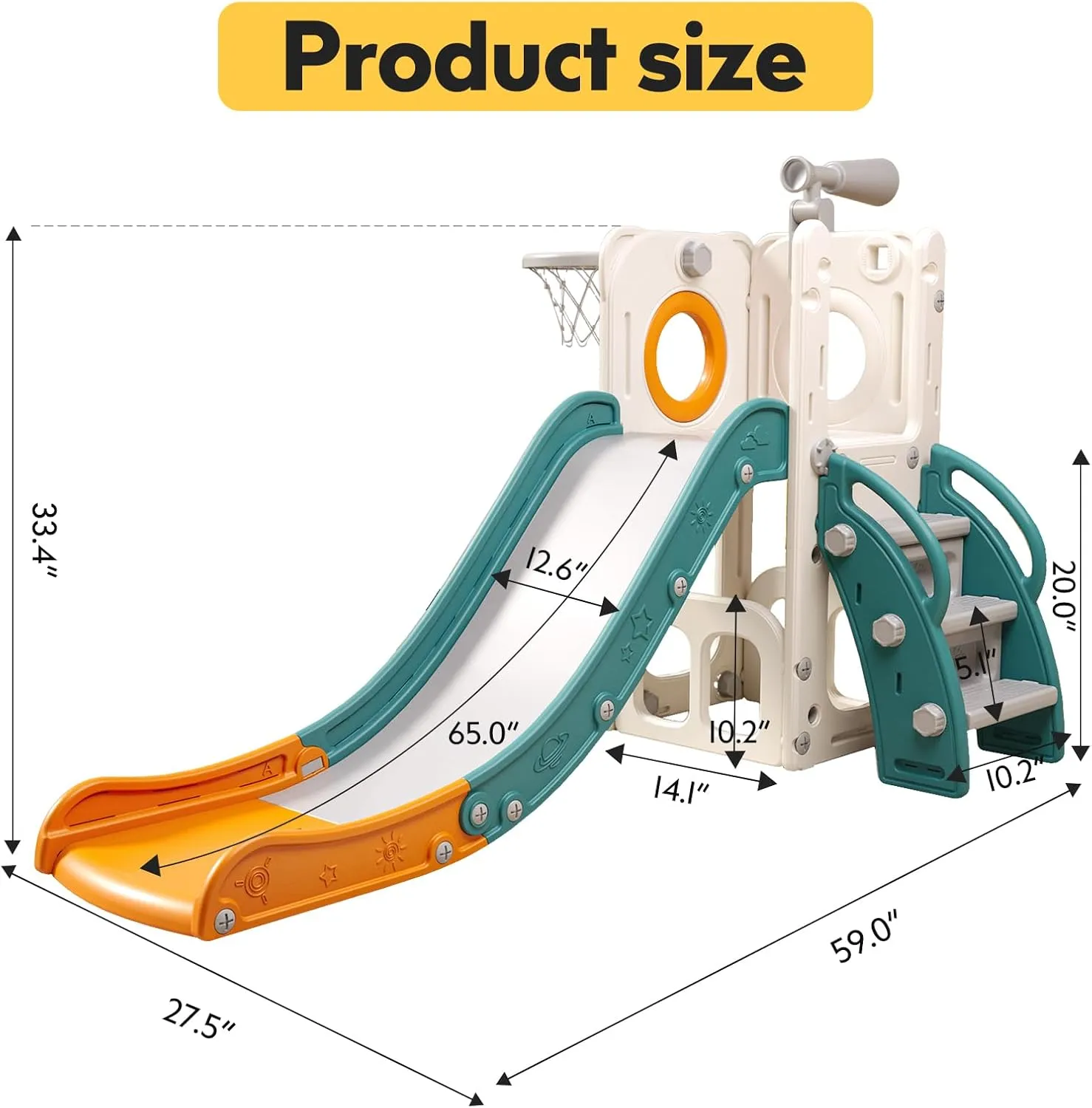 6 in 1 Toddler Playset with Slide, Kids Slide with Basketball Hoop, Ball, Ring Toss, Indoor Outdoor Toys