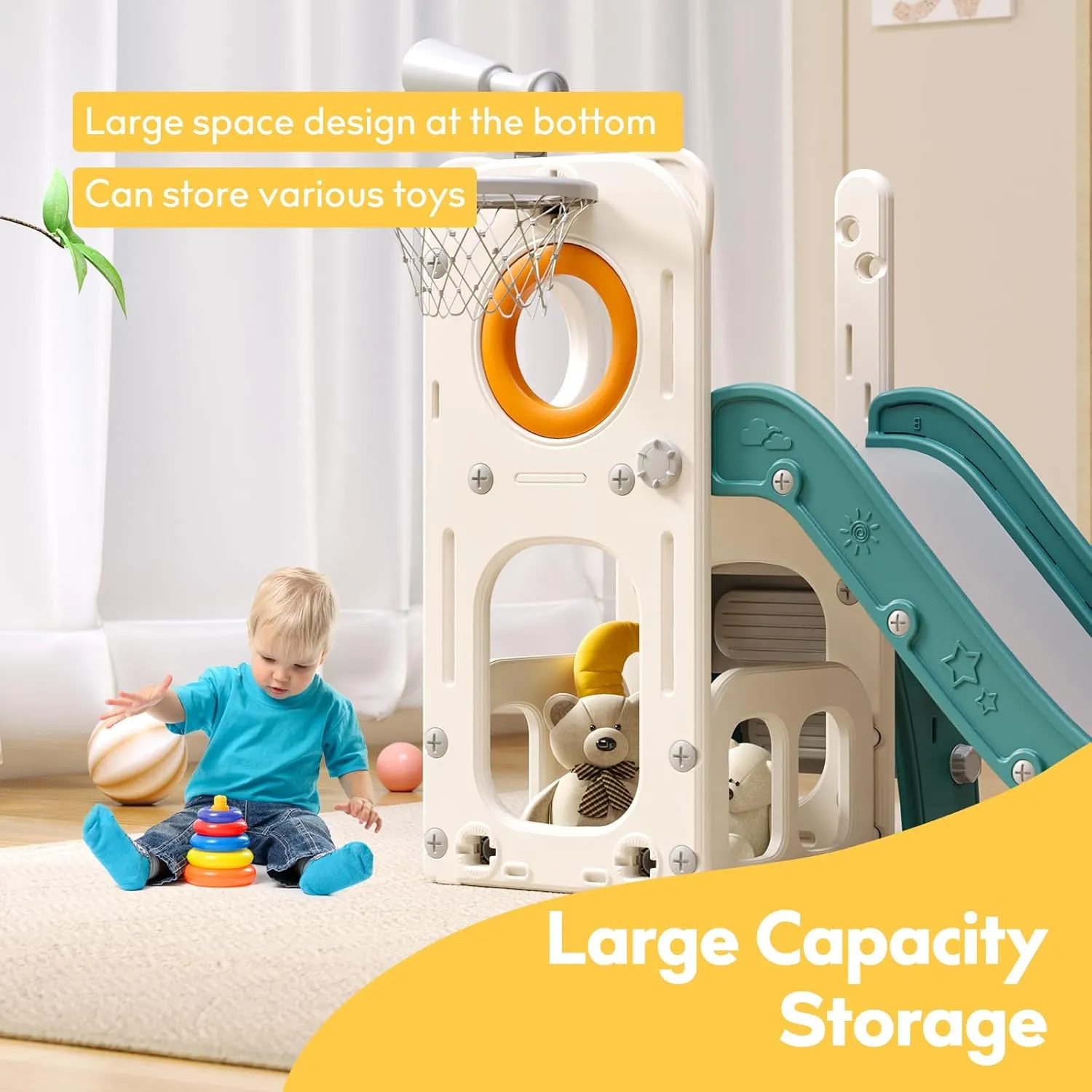 6 in 1 Toddler Playset with Slide, Kids Slide with Basketball Hoop, Ball, Ring Toss, Indoor Outdoor Toys